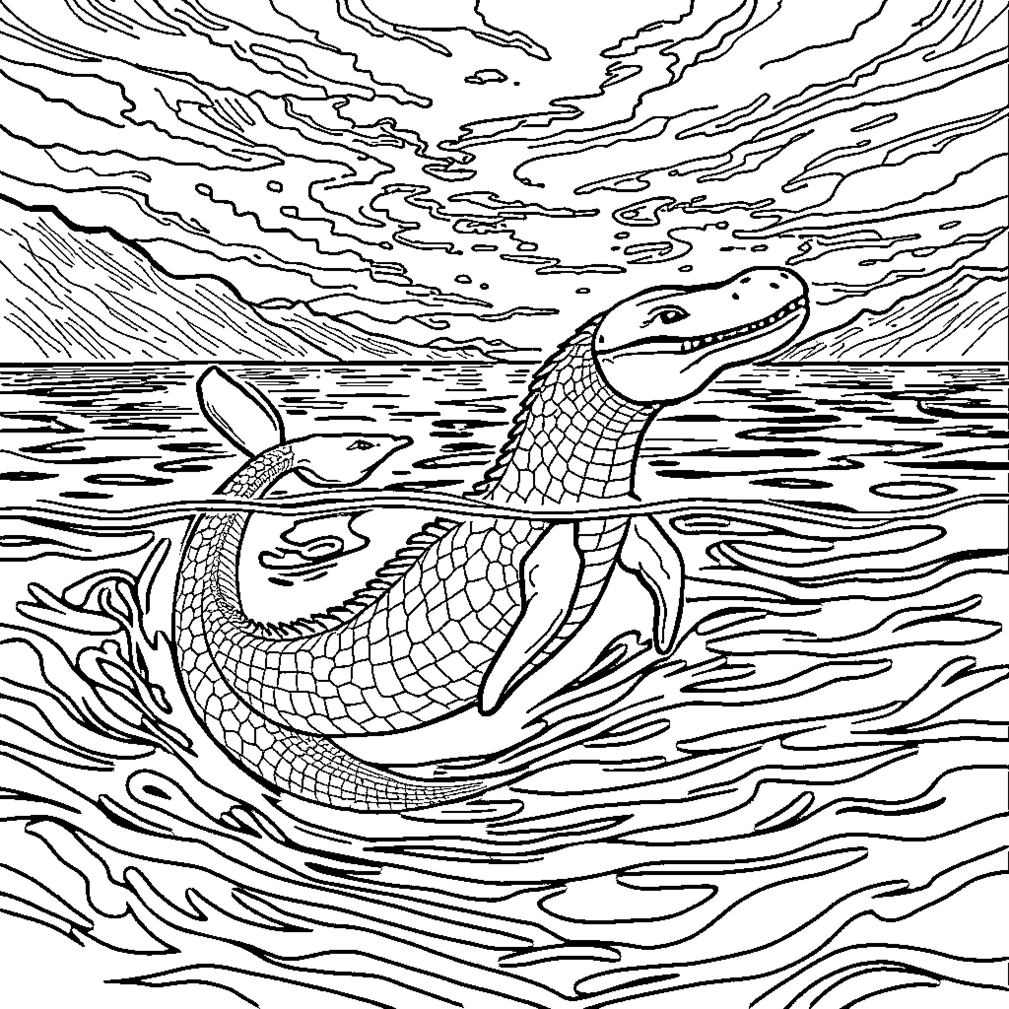 Loch Ness Monster swimming in the mystical waters Coloring Page (free black-and-white line drawing printable PDF for all, from beginners to advanced learners, including children, teens, adults, and seniors)