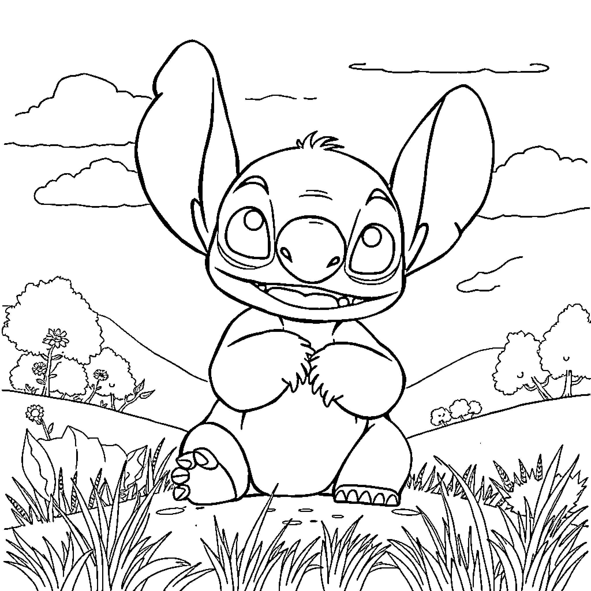 Stitch relaxing in a serene outdoor setting Coloring Page (free black-and-white line drawing printable PDF for all, from beginners to advanced learners, including children, teens, adults, and seniors)