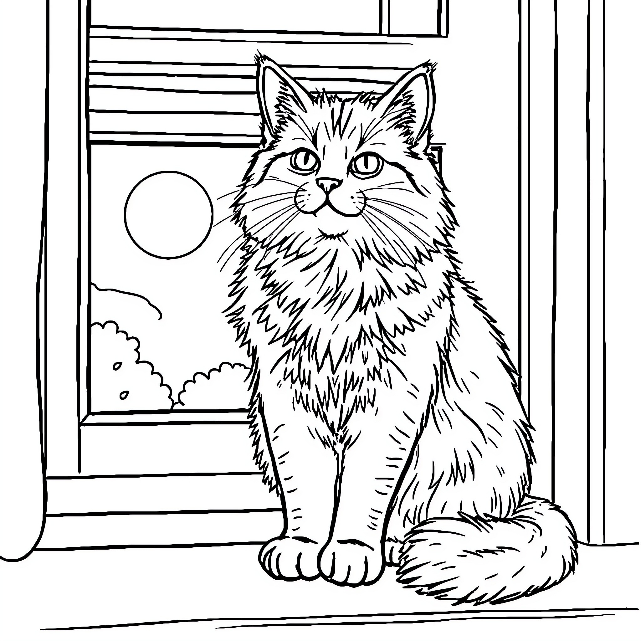 Cat sitting near window Coloring Page (free black-and-white line drawing printable PDF for all, from beginners to advanced learners, including children, teens, adults, and seniors)