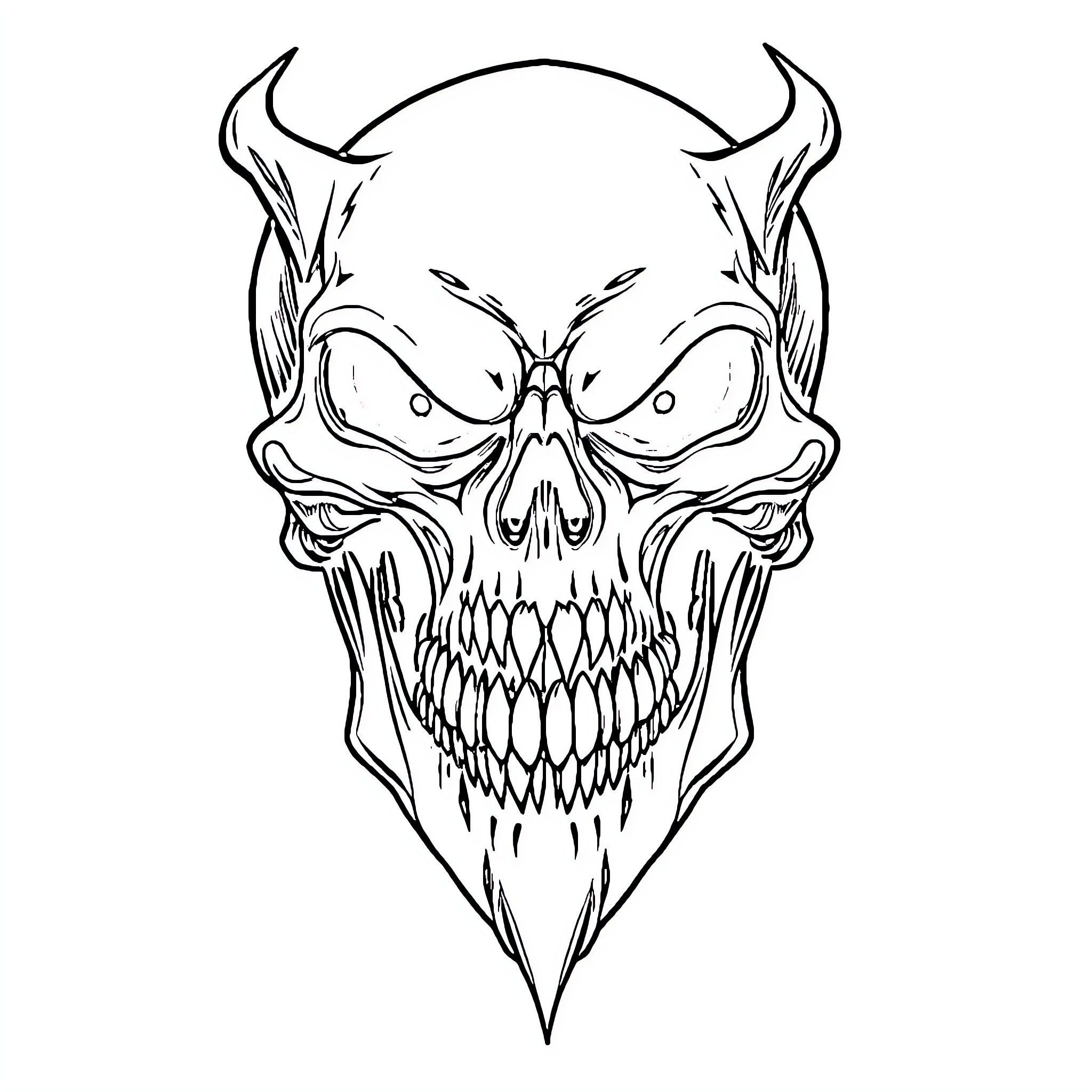 Skull with Demonic Facial Features Coloring Page (free black-and-white line drawing printable PDF for all, from beginners to advanced learners, including children, teens, adults, and seniors)