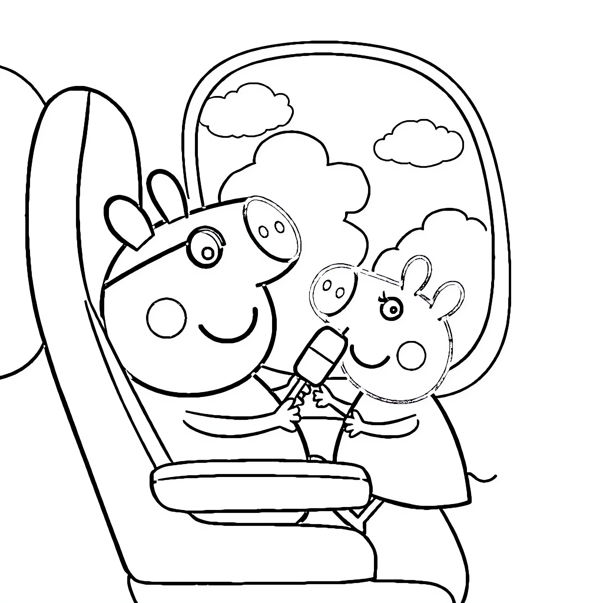 Peppa Pig and friend enjoying outdoor adventure Coloring Page (free black-and-white line drawing printable PDF for all, from beginners to advanced learners, including children, teens, adults, and seniors)