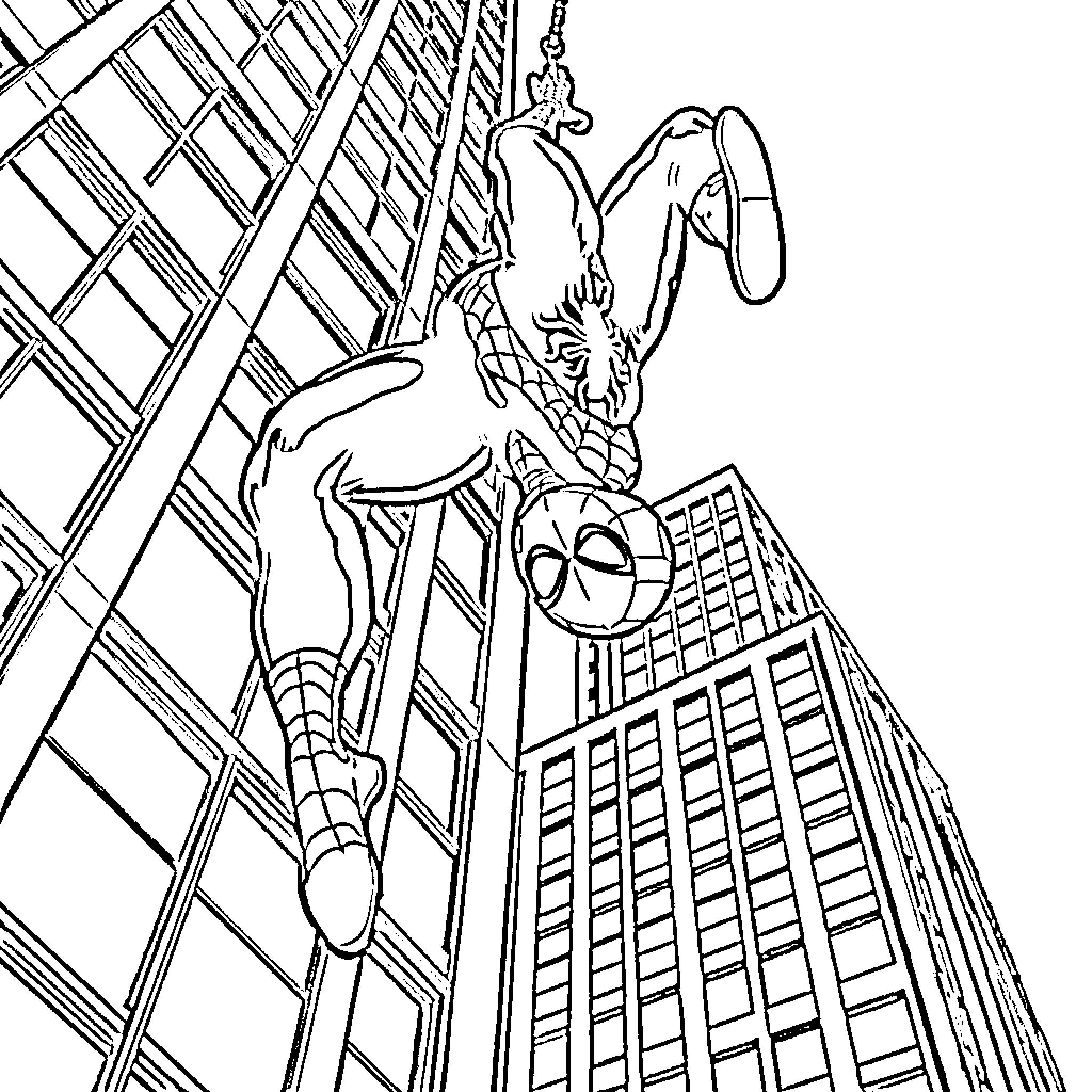 Spiderman swinging through the city skyline Coloring Page (free black-and-white line drawing printable PDF for all, from beginners to advanced learners, including children, teens, adults, and seniors)