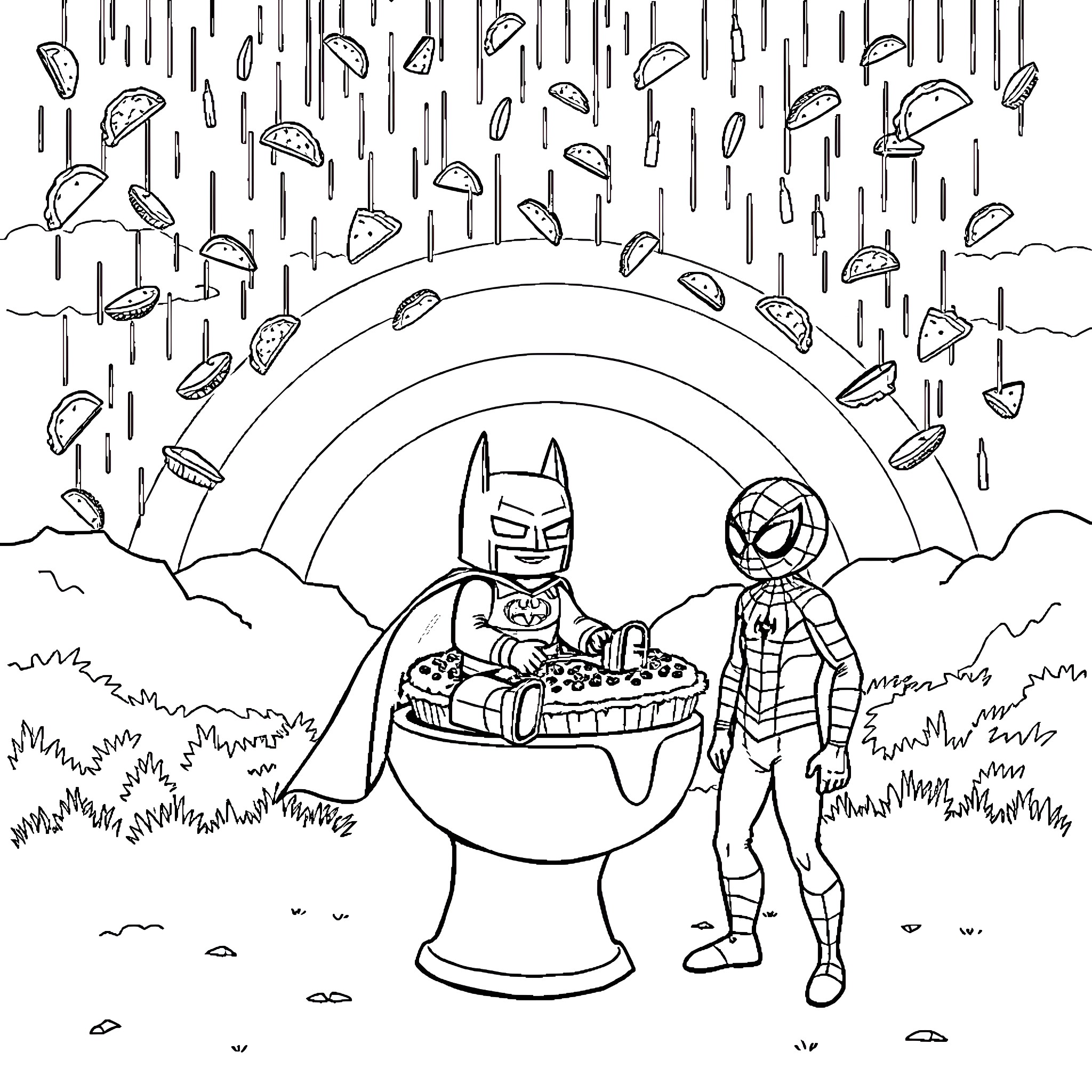 Steve's Superhero Picnic Under the Rainbow Coloring Page (free black-and-white line drawing printable PDF for all, from beginners to advanced learners, including children, teens, adults, and seniors)