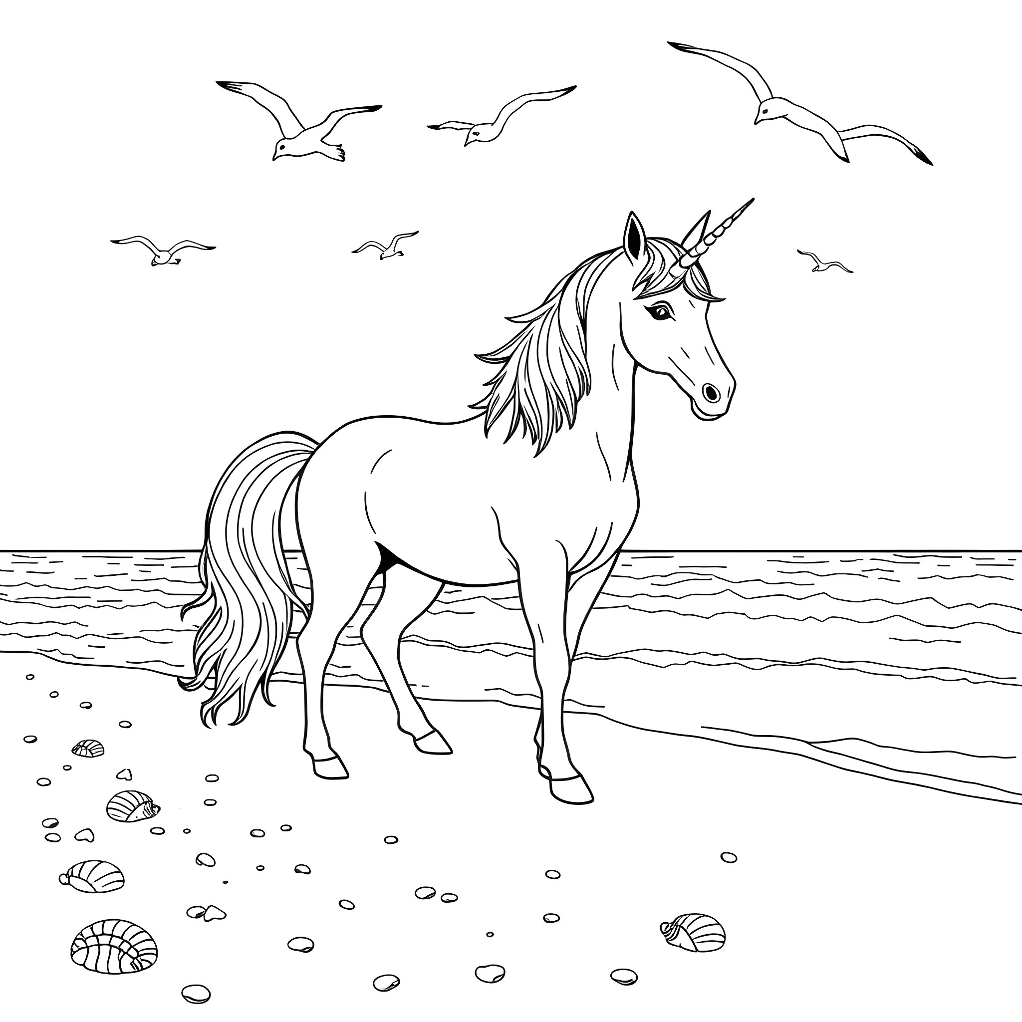 Unicorn standing gracefully by the seashore Coloring Page (free black-and-white line drawing printable PDF for all, from beginners to advanced learners, including children, teens, adults, and seniors)
