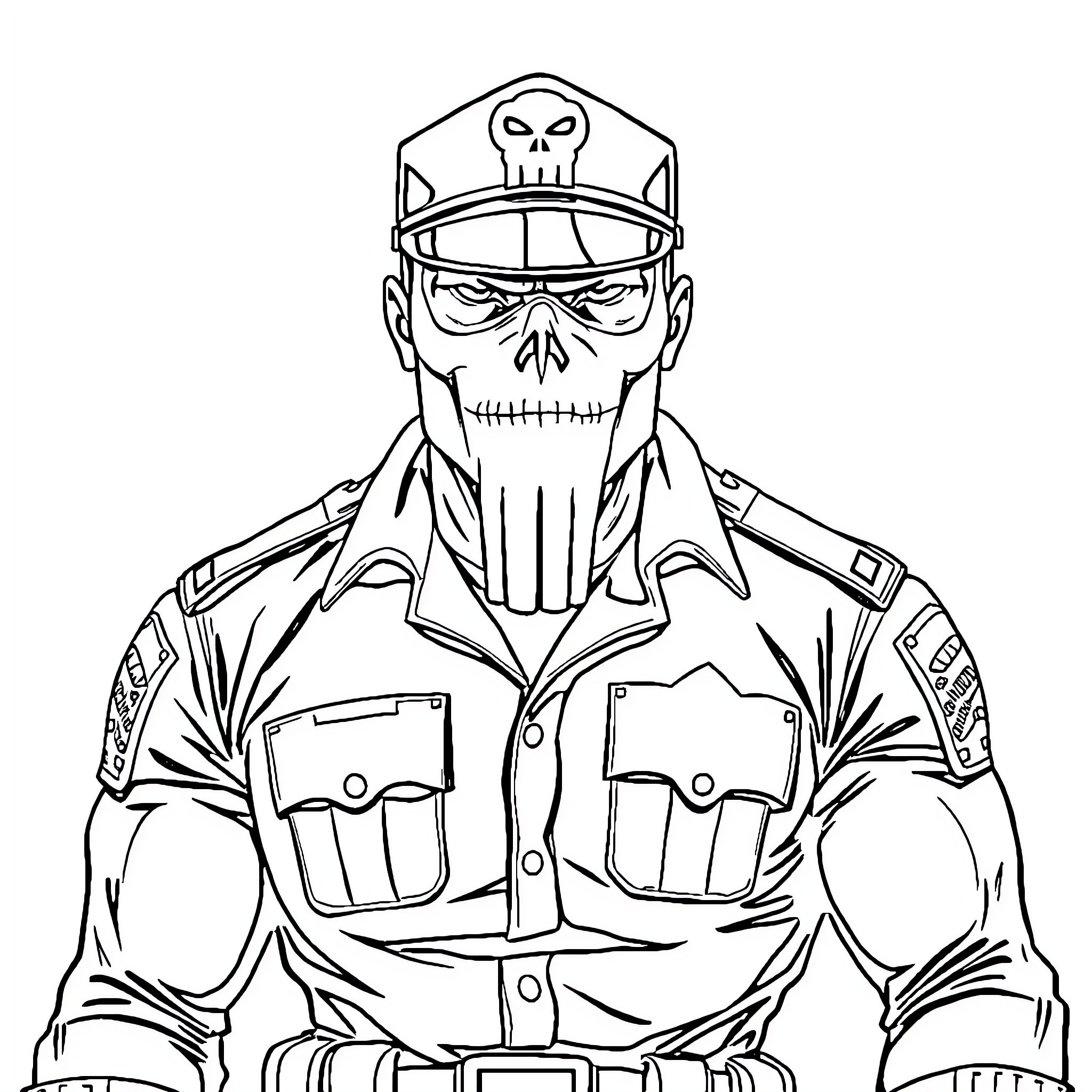 Punisher in Intense Tactical Gear Coloring Page (free black-and-white line drawing printable PDF for all, from beginners to advanced learners, including children, teens, adults, and seniors)