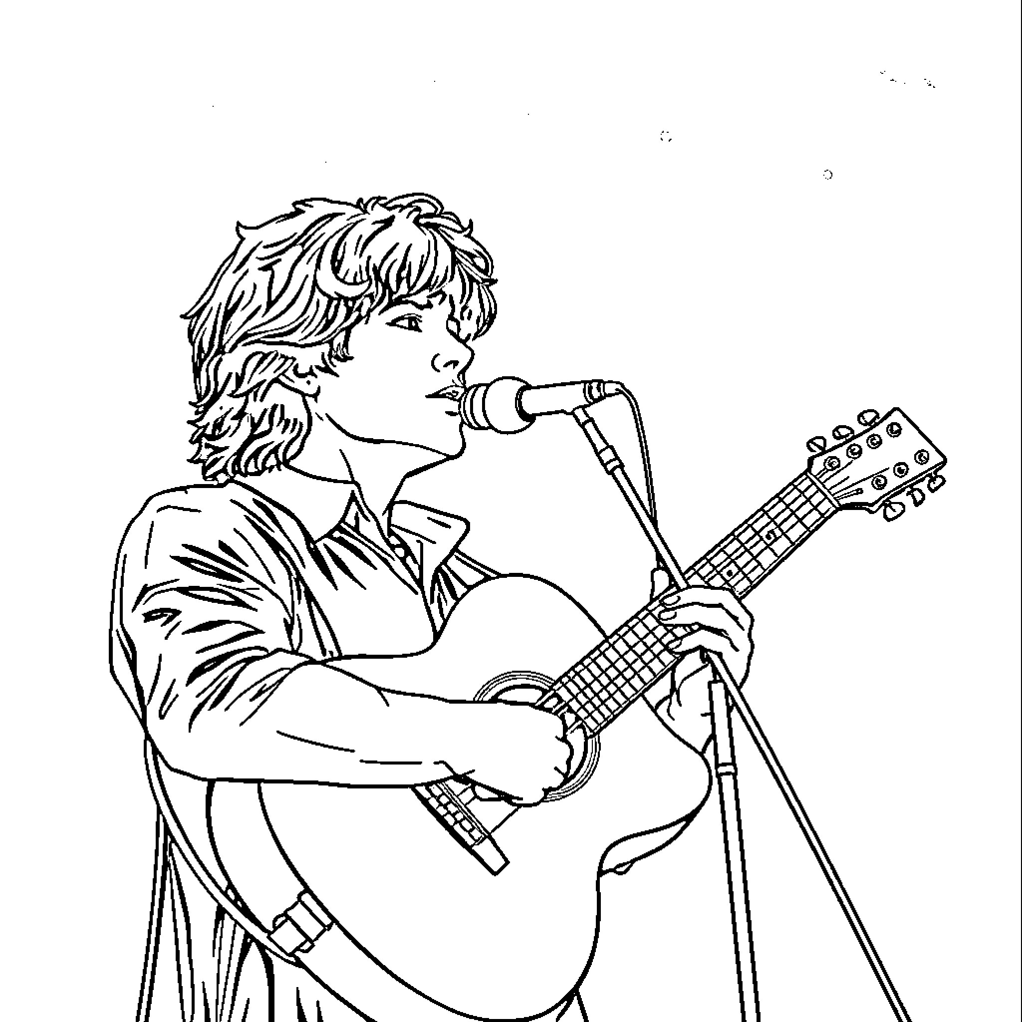 Caratula of a musician playing acoustic guitar and singing into a microphone Coloring Page (free black-and-white line drawing printable PDF for all, from beginners to advanced learners, including children, teens, adults, and seniors)