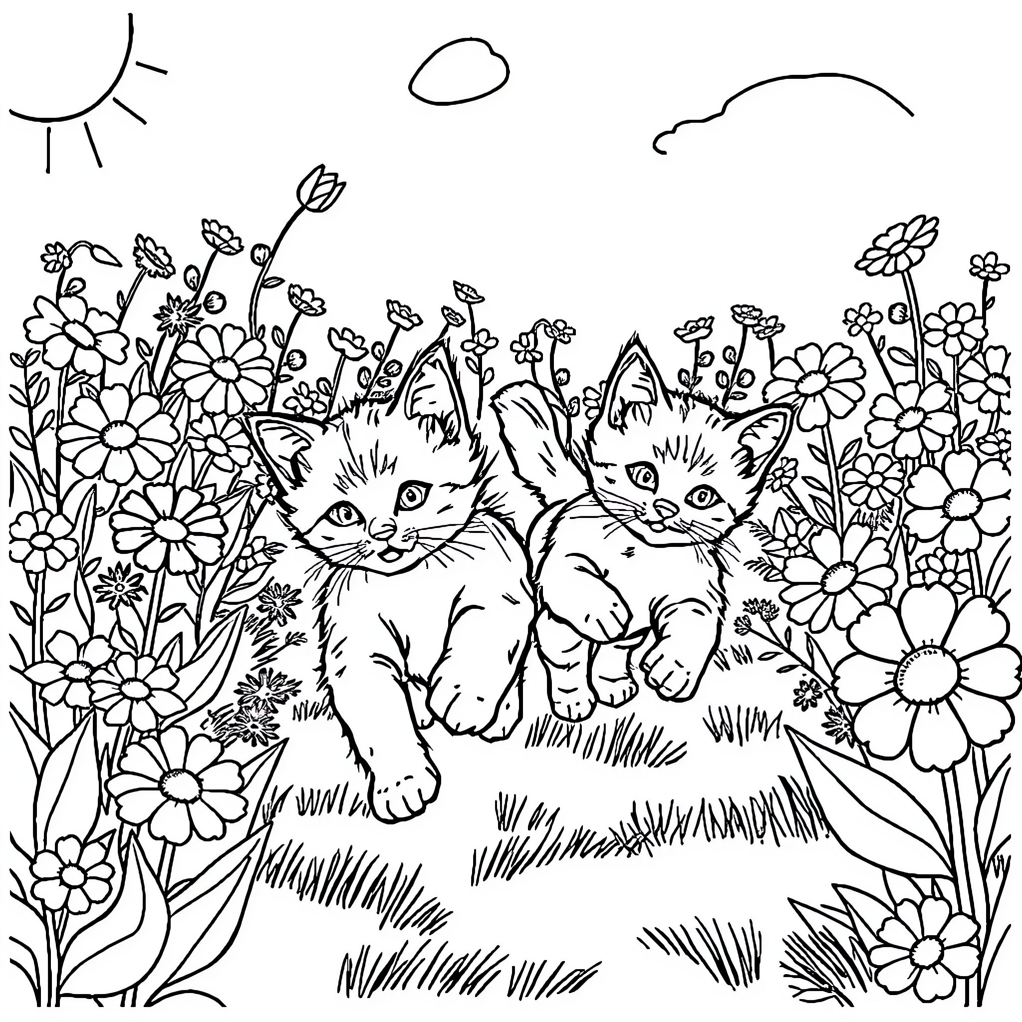 Kittens frolicking in a floral meadow Coloring Page (free black-and-white line drawing printable PDF for all, from beginners to advanced learners, including children, teens, adults, and seniors)