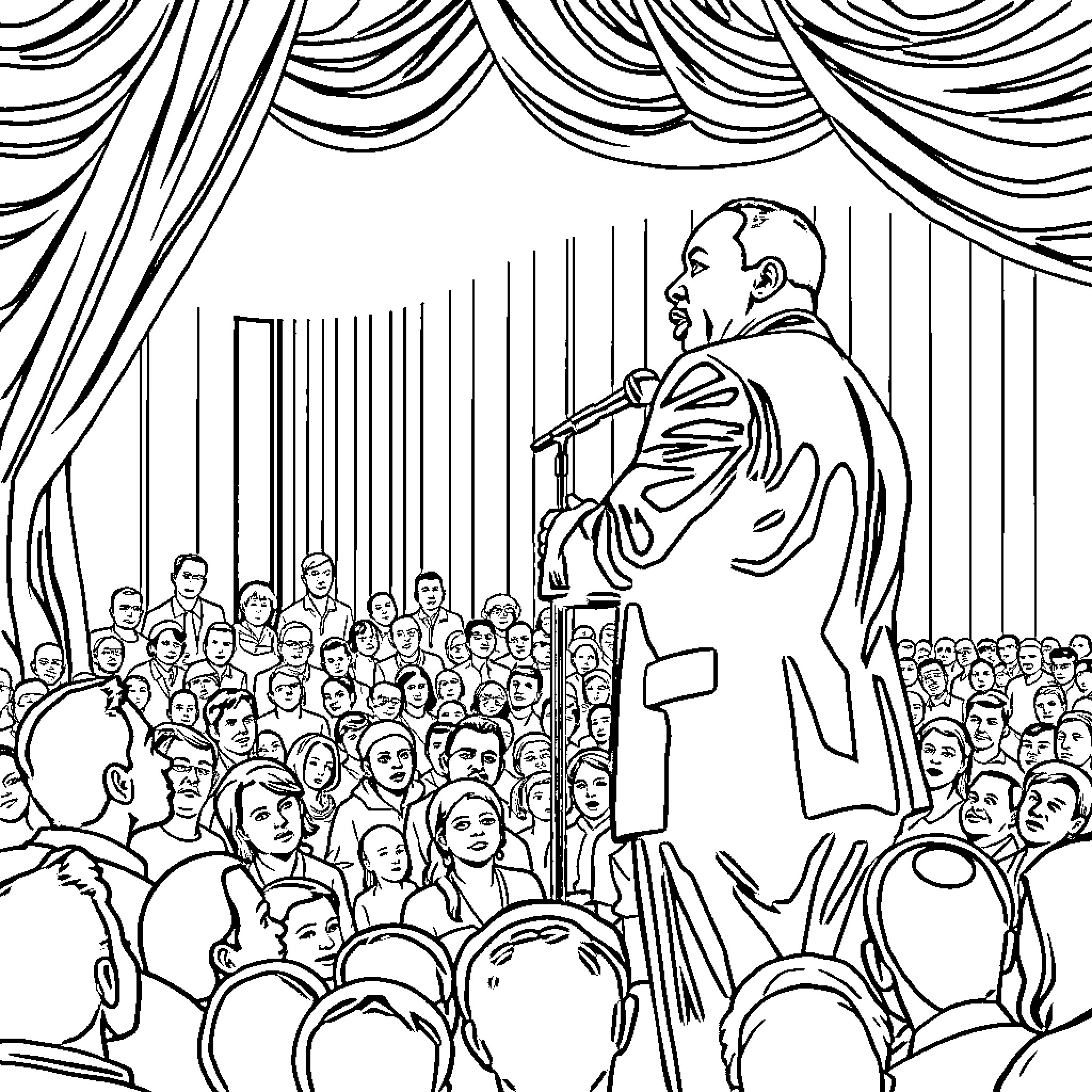 Martin Luther King Delivering Powerful Speech to Large Crowd Coloring Page (free black-and-white line drawing printable PDF for all, from beginners to advanced learners, including children, teens, adults, and seniors)