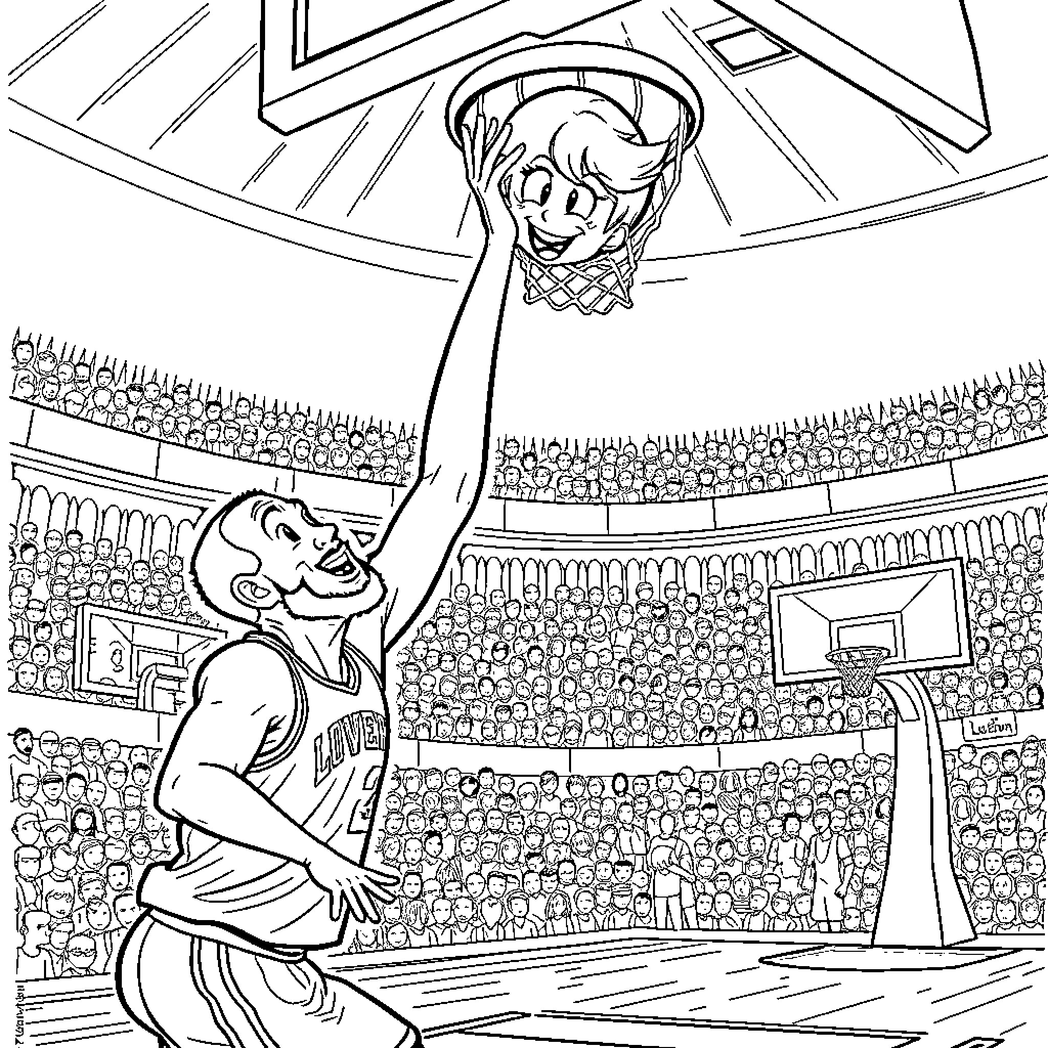 Betty White shooting hoops in a basketball arena Coloring Page (free black-and-white line drawing printable PDF for all, from beginners to advanced learners, including children, teens, adults, and seniors)