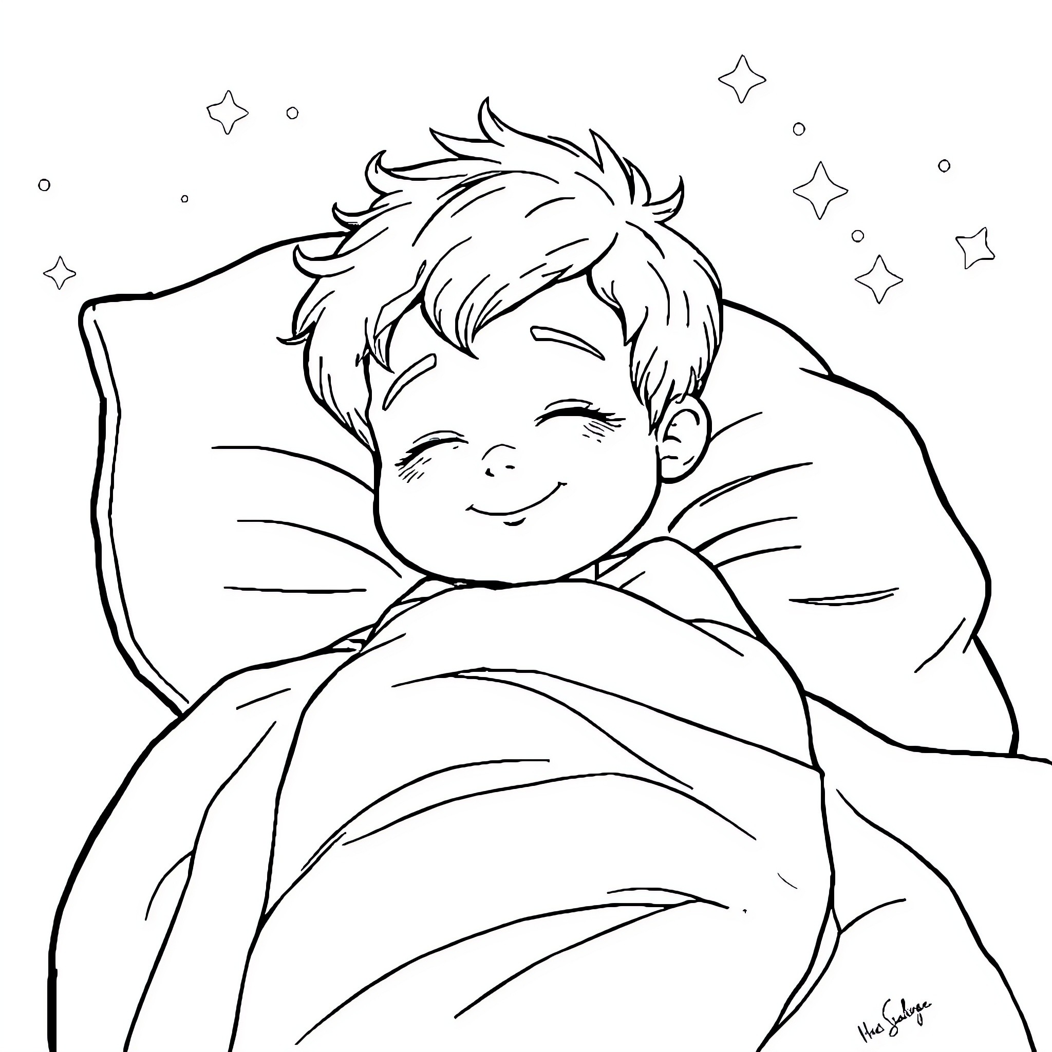Child resting peacefully under the stars Coloring Page (free black-and-white line drawing printable PDF for all, from beginners to advanced learners, including children, teens, adults, and seniors)