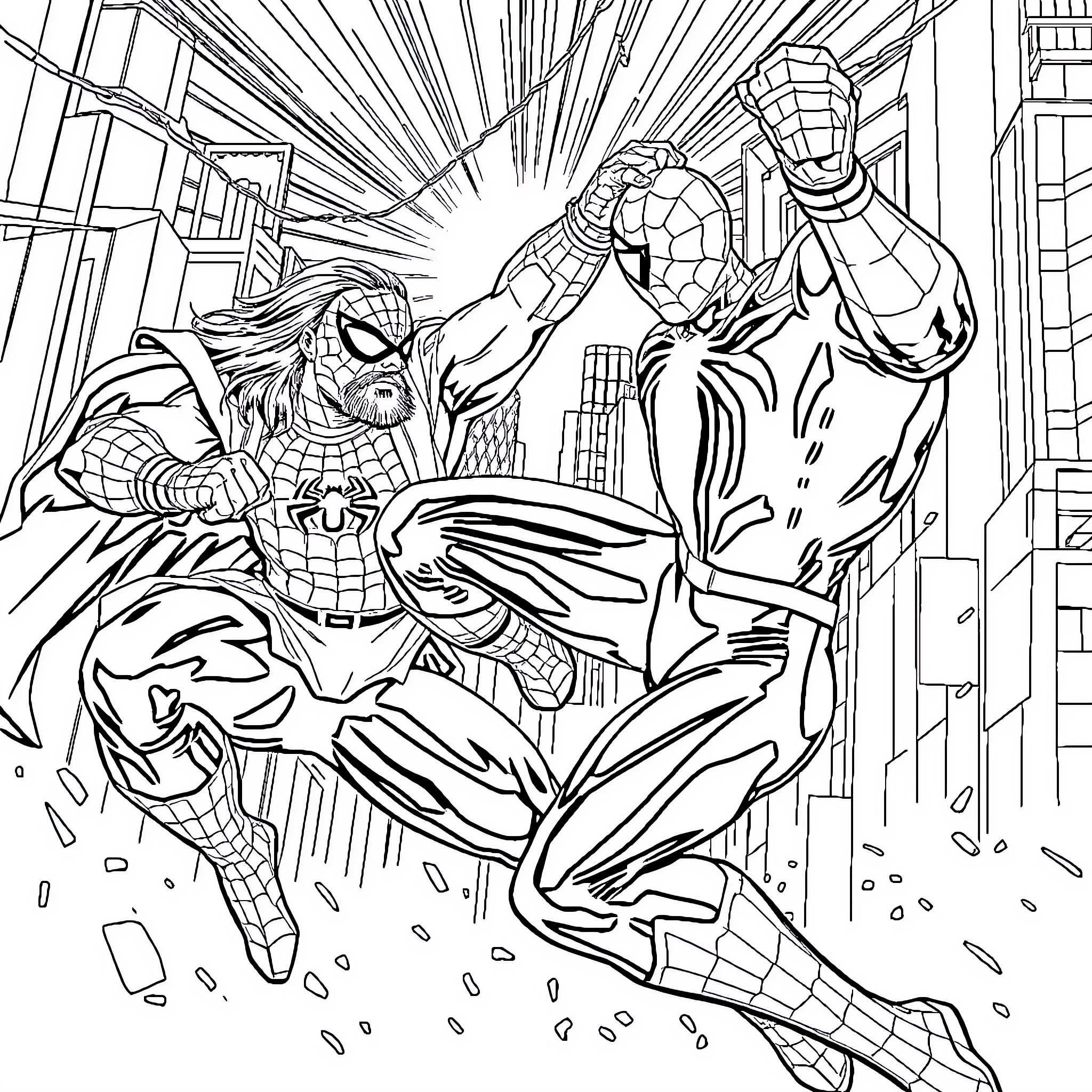 Roman Reigns Battles Supervillain in Dramatic Cityscape Coloring Page (free black-and-white line drawing printable PDF for all, from beginners to advanced learners, including children, teens, adults, and seniors)