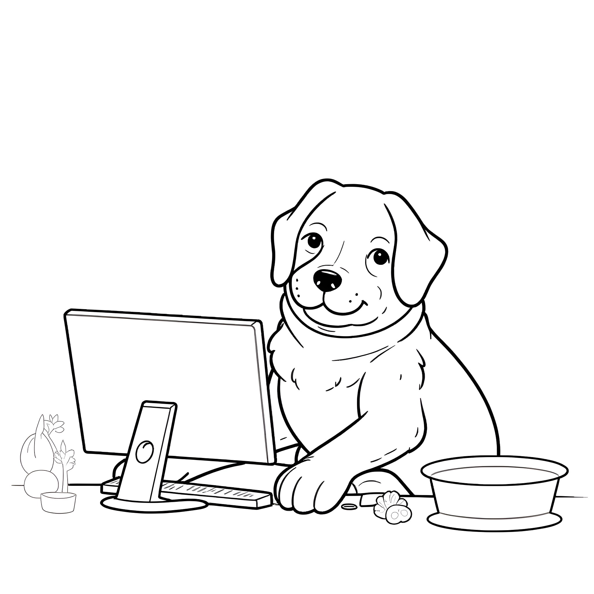 Labrador puppy working on computer in the office Coloring Page (free black-and-white line drawing printable PDF for all, from beginners to advanced learners, including children, teens, adults, and seniors)