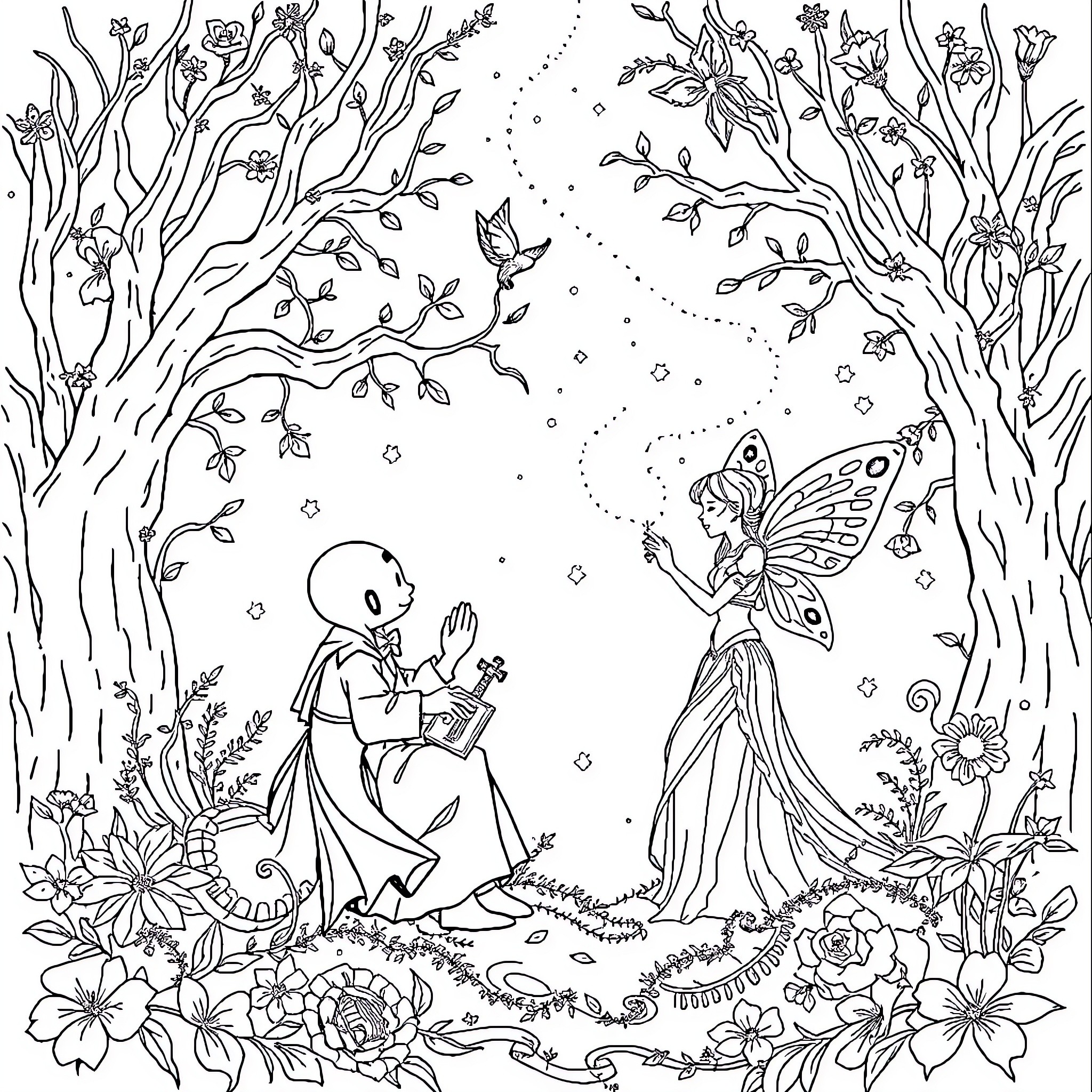 Fairy Tale Encounter in the Enchanted Forest Coloring Page (free black-and-white line drawing printable PDF for all, from beginners to advanced learners, including children, teens, adults, and seniors)