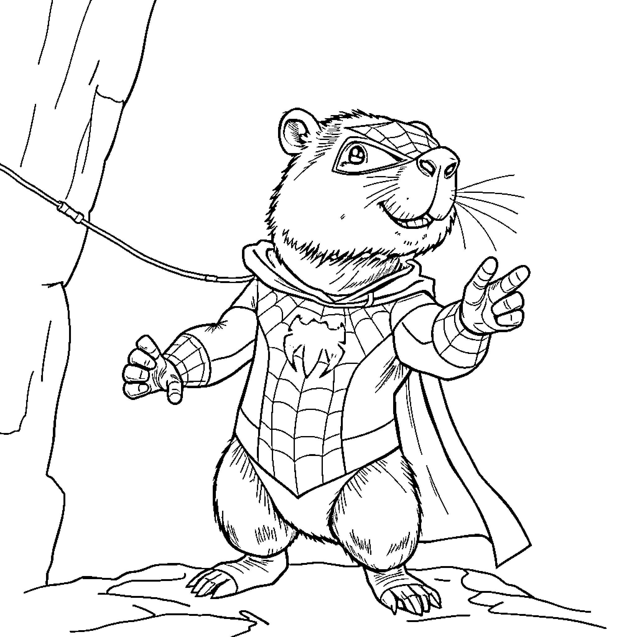 Capibara superhero in action pose Coloring Page (free black-and-white line drawing printable PDF for all, from beginners to advanced learners, including children, teens, adults, and seniors)