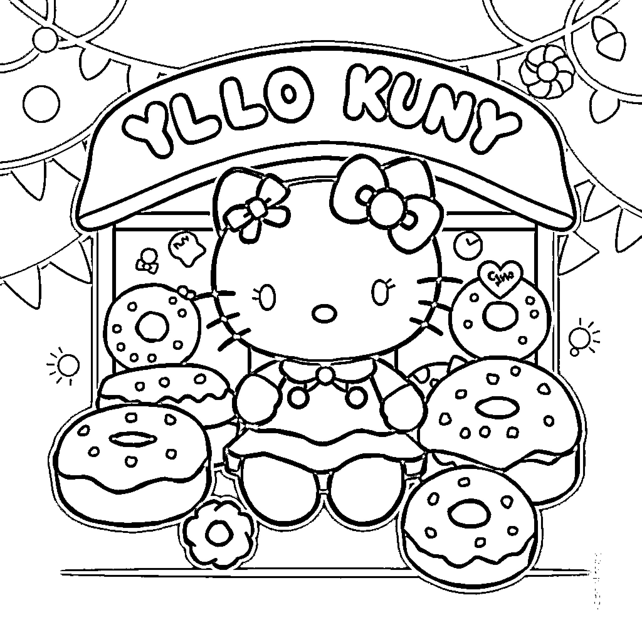 Hello Kitty enjoying treats at Yum Yum shop Coloring Page (free black-and-white line drawing printable PDF for all, from beginners to advanced learners, including children, teens, adults, and seniors)