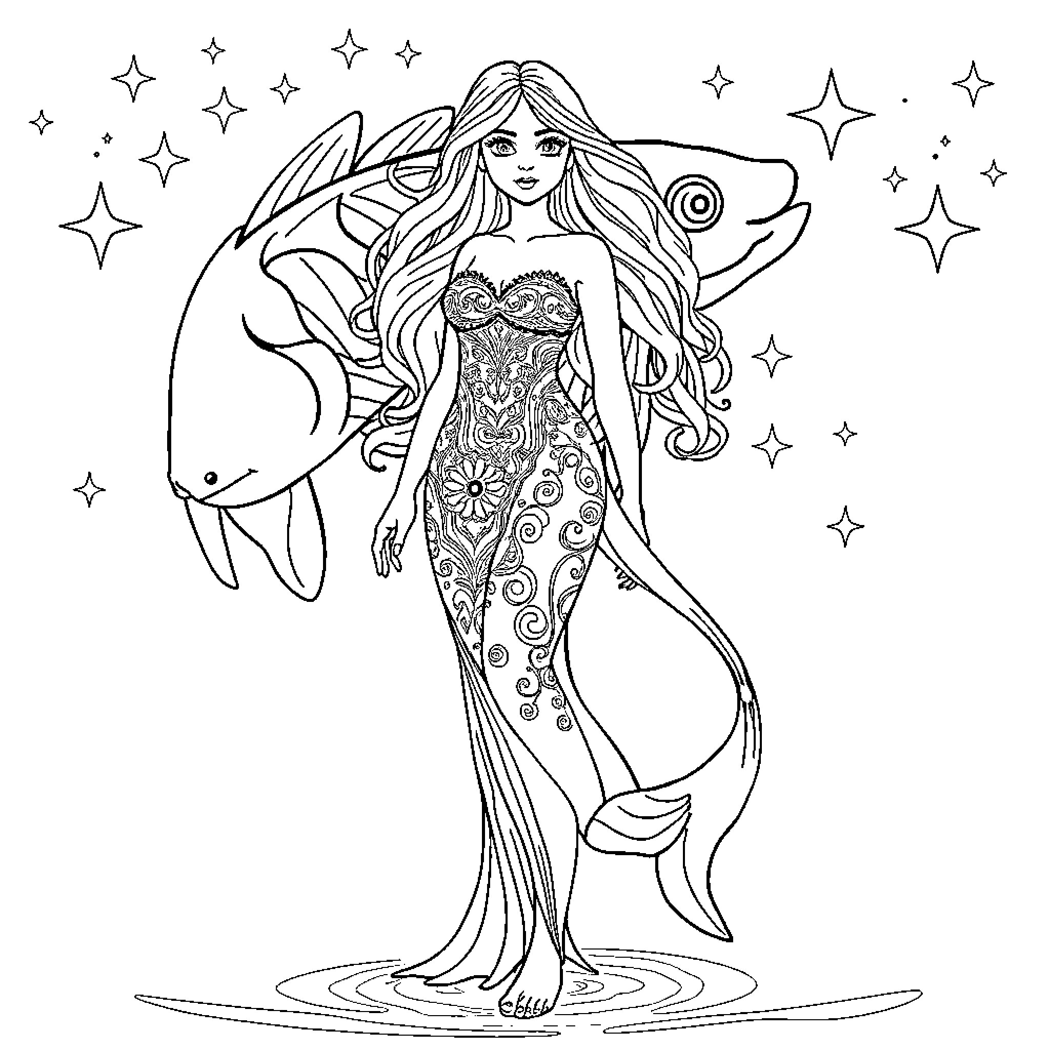 Pisces mermaid in a starry night scene Coloring Page (free black-and-white line drawing printable PDF for all, from beginners to advanced learners, including children, teens, adults, and seniors)