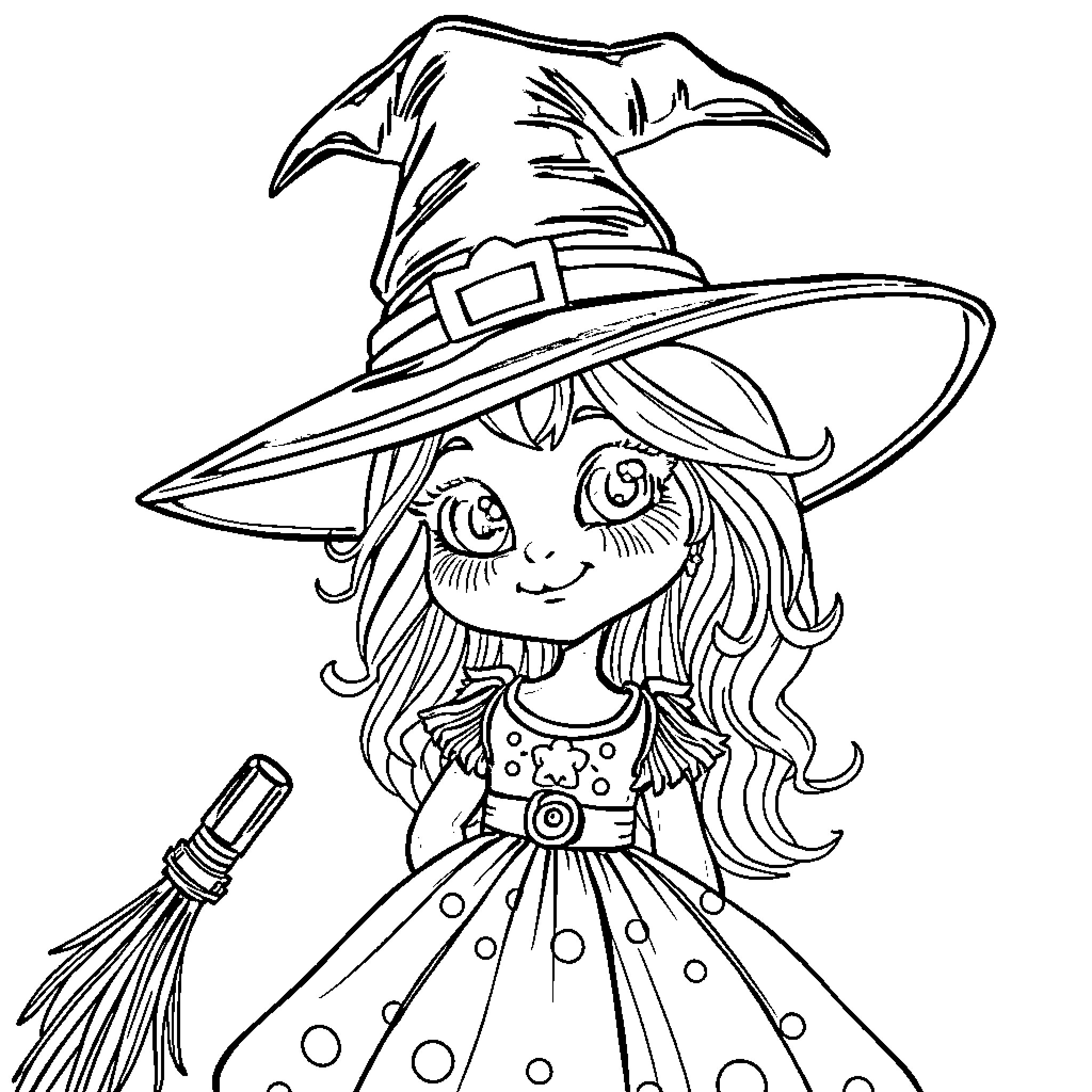 Bluey as a Whimsical Witch Coloring Page (free black-and-white line drawing printable PDF for all, from beginners to advanced learners, including children, teens, adults, and seniors)
