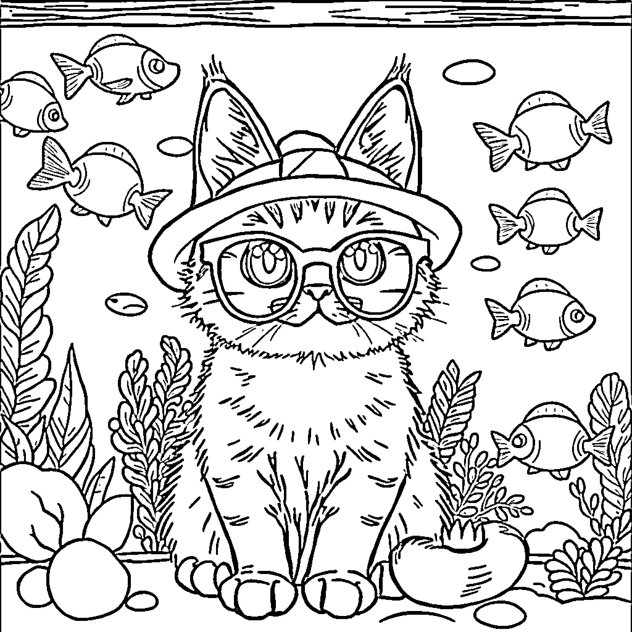 Cat with glasses enjoying underwater scene Coloring Page (free black-and-white line drawing printable PDF for all, from beginners to advanced learners, including children, teens, adults, and seniors)