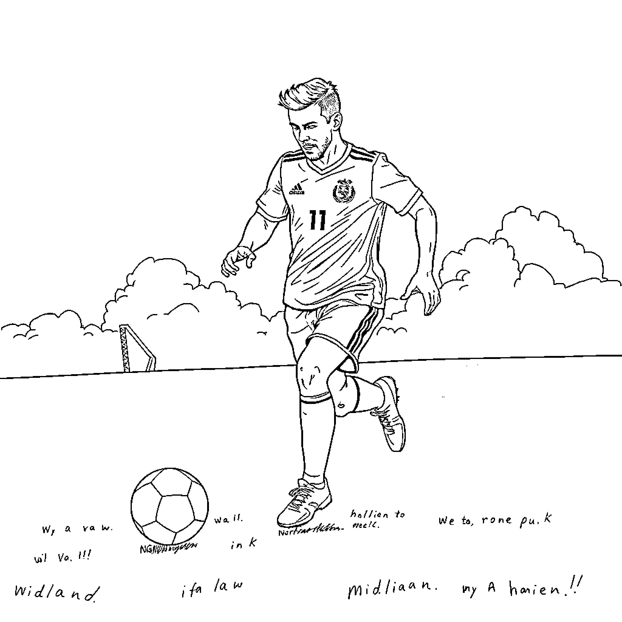 Soccer Player Running with Ball on the Field Coloring Page (free black-and-white line drawing printable PDF for all, from beginners to advanced learners, including children, teens, adults, and seniors)