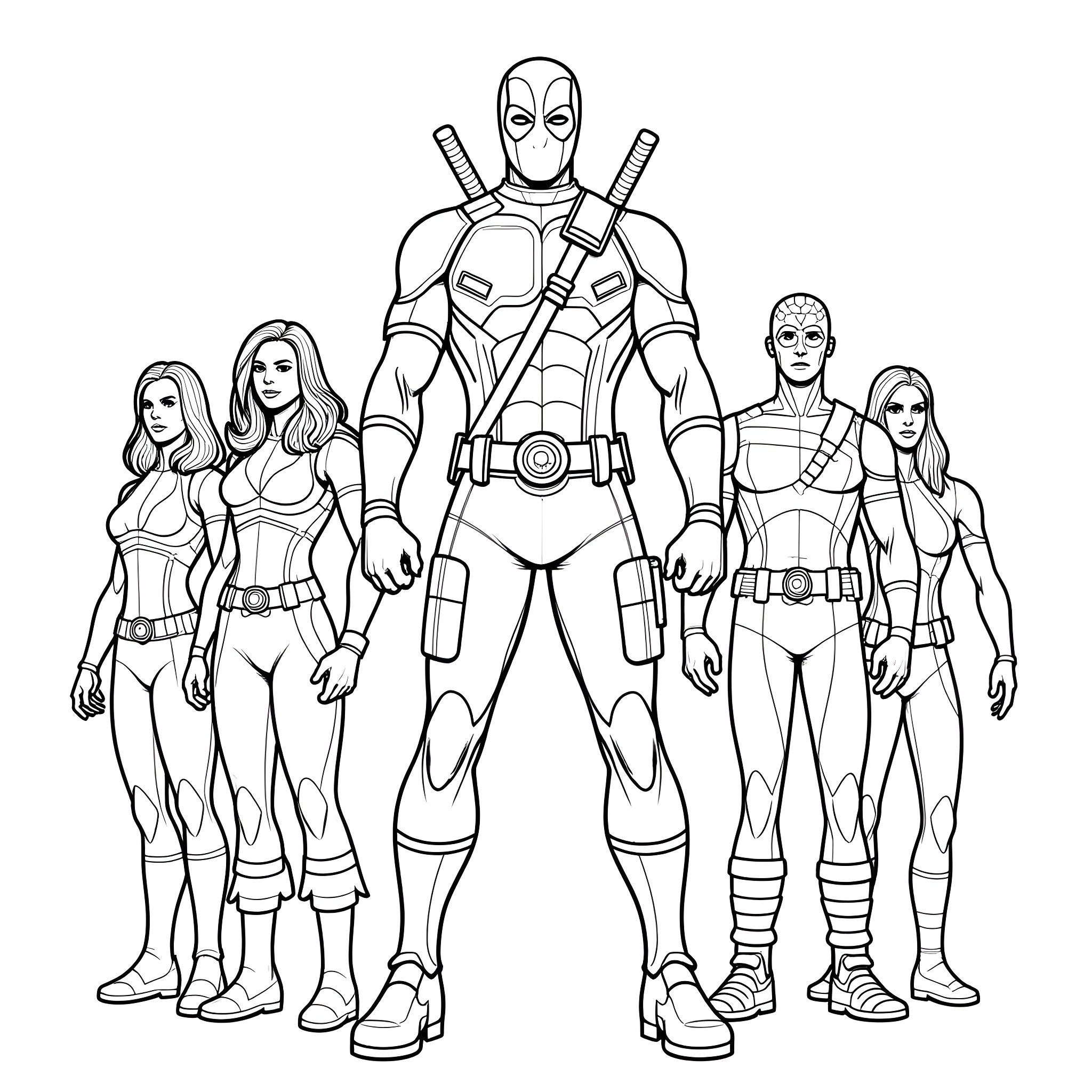 Deadpool and his team of superheroes in action Coloring Page (free black-and-white line drawing printable PDF for all, from beginners to advanced learners, including children, teens, adults, and seniors)