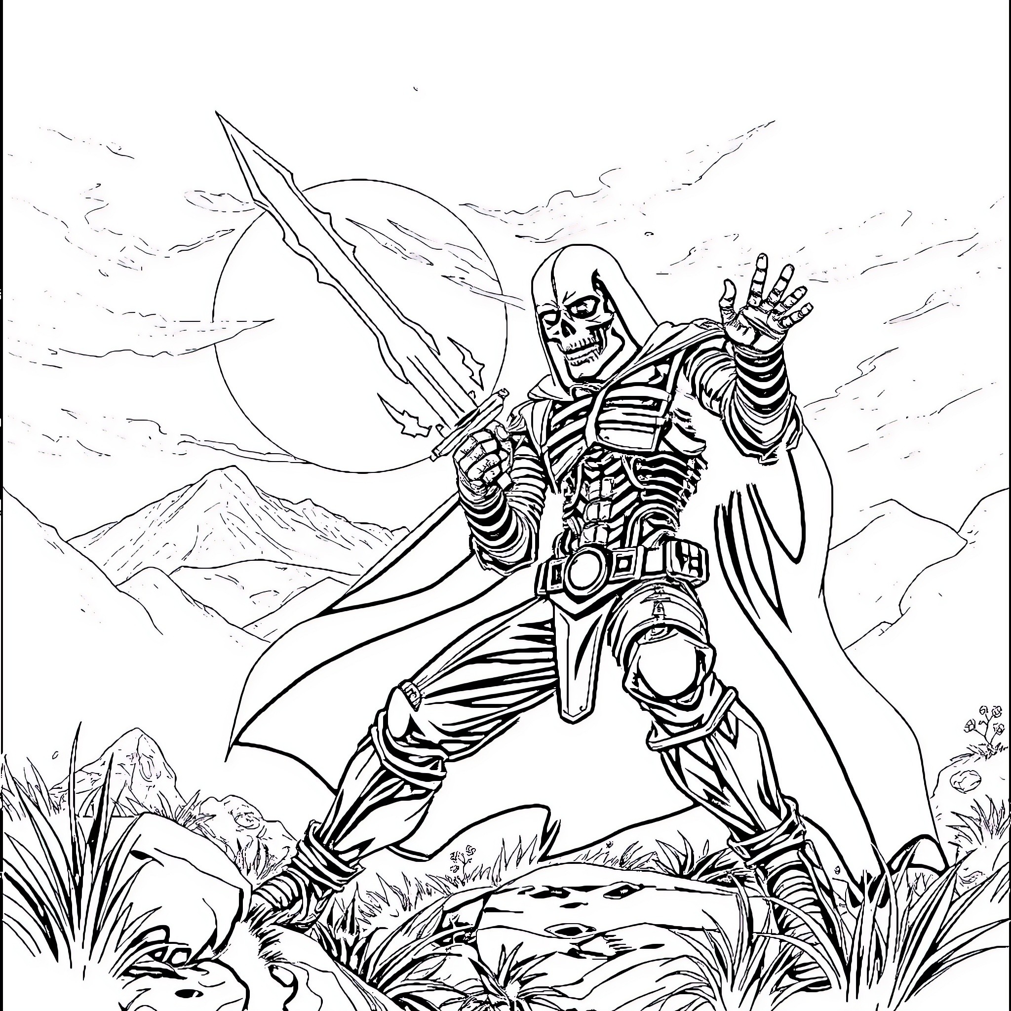 Predator skeleton warrior with sword and shield in epic pose Coloring Page (free black-and-white line drawing printable PDF for all, from beginners to advanced learners, including children, teens, adults, and seniors)