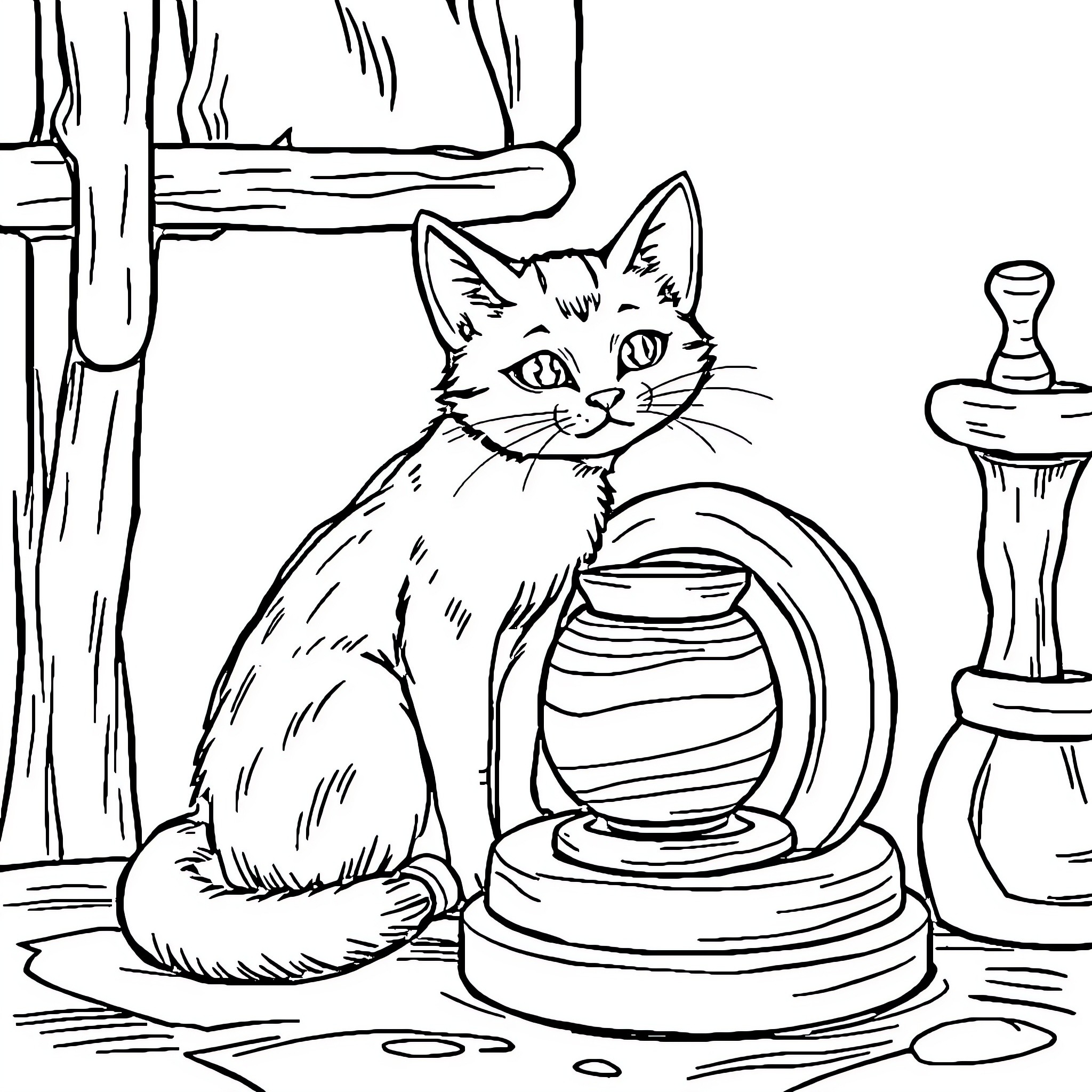 Cat sitting by a decorative vase in a room Coloring Page (free black-and-white line drawing printable PDF for all, from beginners to advanced learners, including children, teens, adults, and seniors)