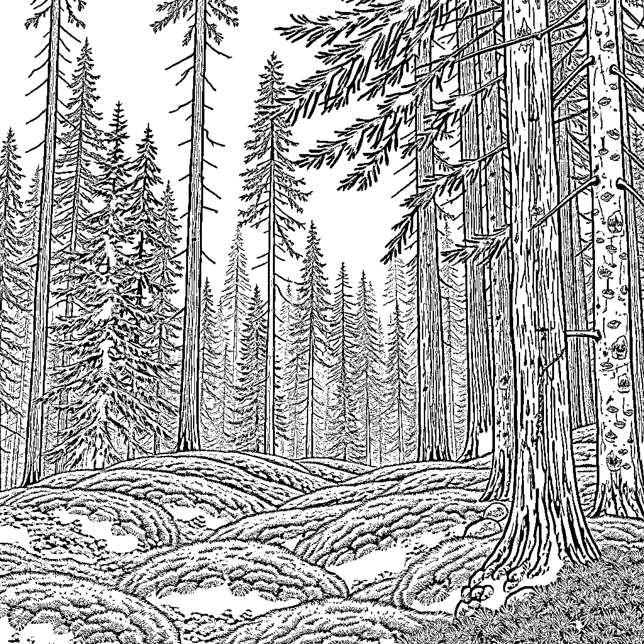 Forest Trail Through Towering Trees Coloring Page (free black-and-white line drawing printable PDF for all, from beginners to advanced learners, including children, teens, adults, and seniors)