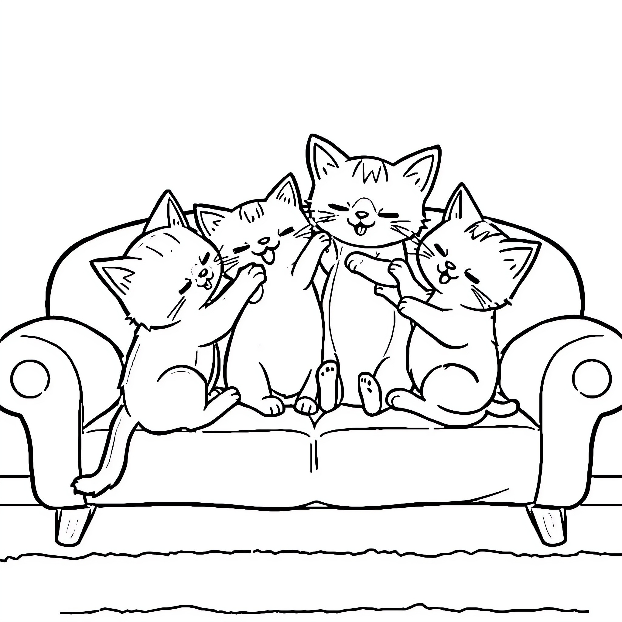 Cat family sitting on a couch Coloring Page (free black-and-white line drawing printable PDF for all, from beginners to advanced learners, including children, teens, adults, and seniors)