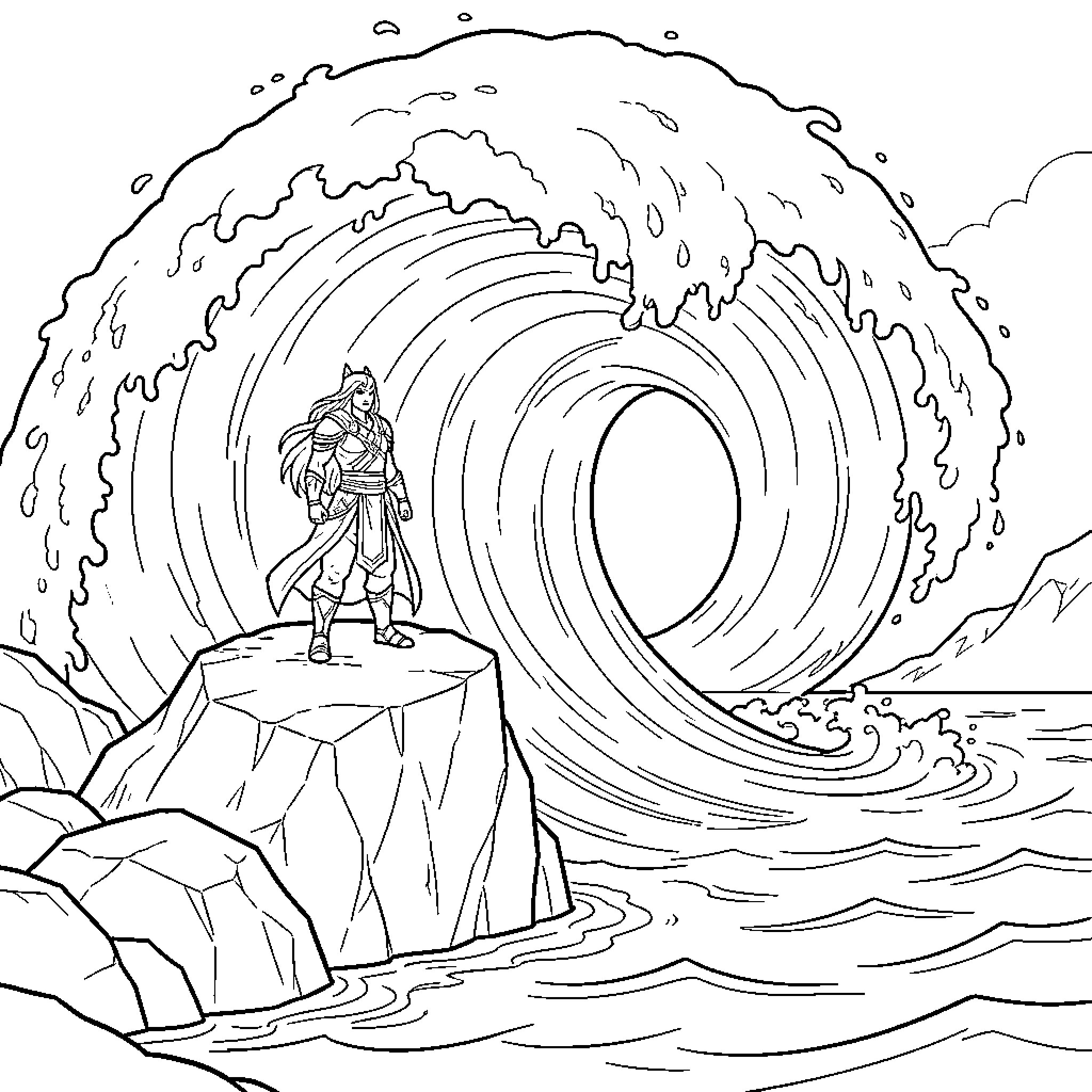 Avatar standing heroically before a massive ocean wave Coloring Page (free black-and-white line drawing printable PDF for all, from beginners to advanced learners, including children, teens, adults, and seniors)