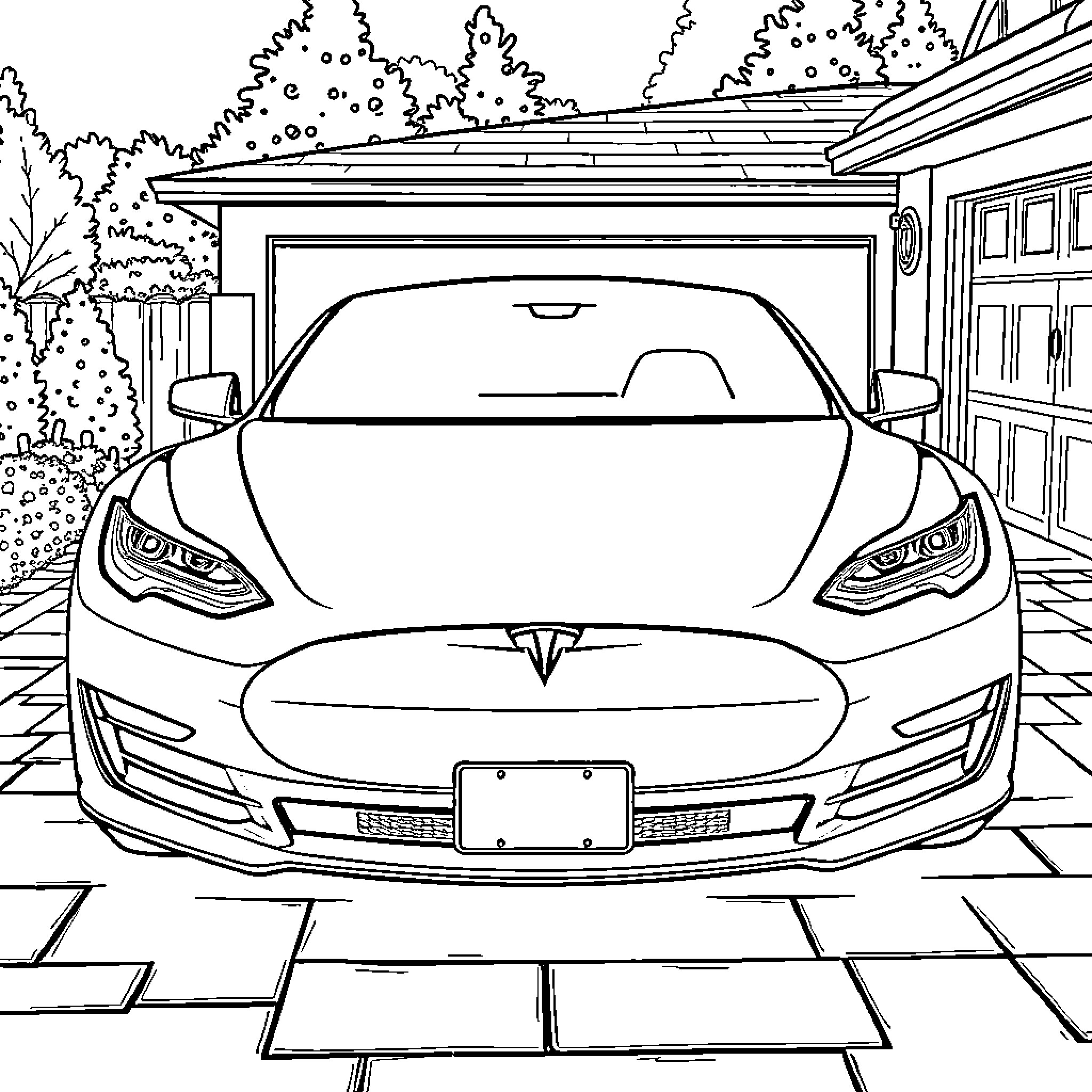 Tesla electric vehicle in modern home driveway Coloring Page (free black-and-white line drawing printable PDF for all, from beginners to advanced learners, including children, teens, adults, and seniors)