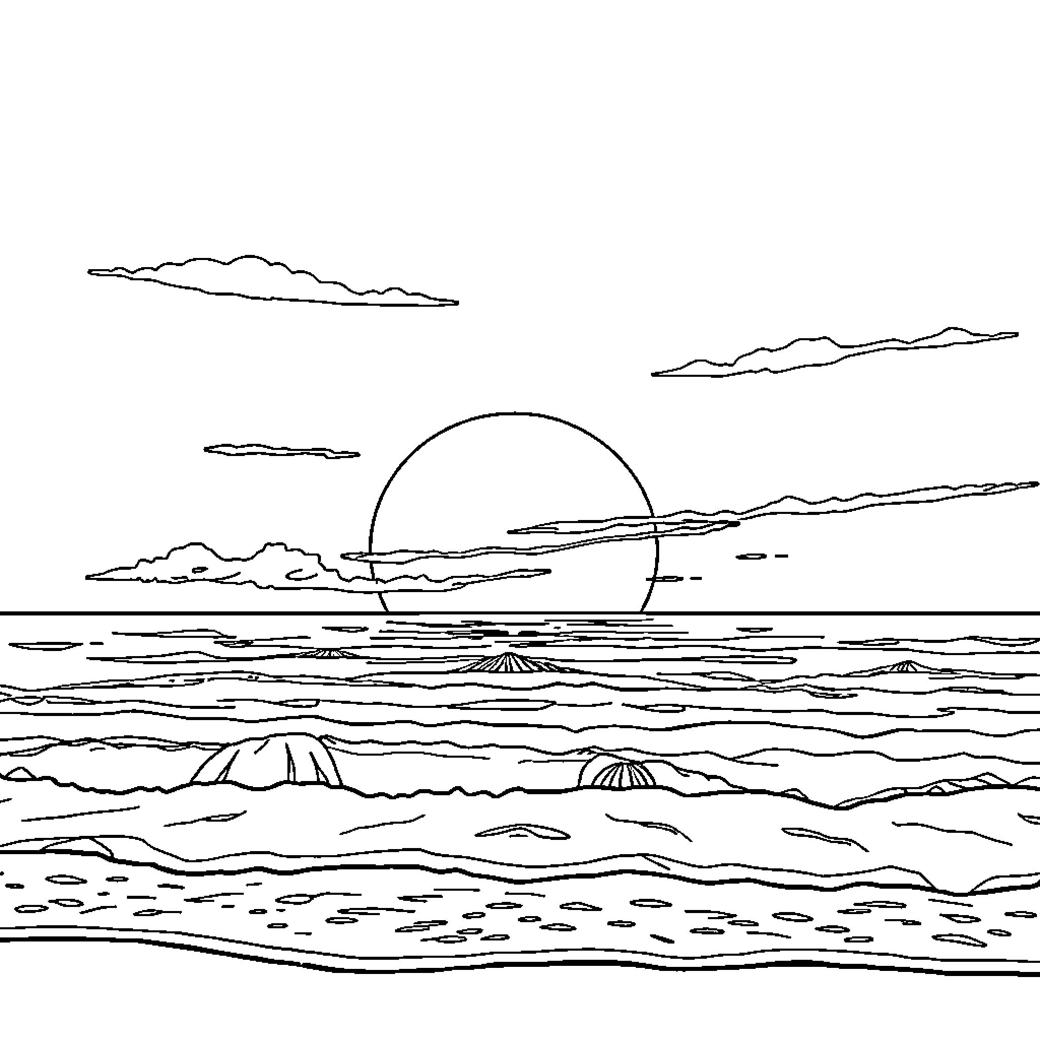 Sunset over the serene ocean landscape Coloring Page (free black-and-white line drawing printable PDF for all, from beginners to advanced learners, including children, teens, adults, and seniors)