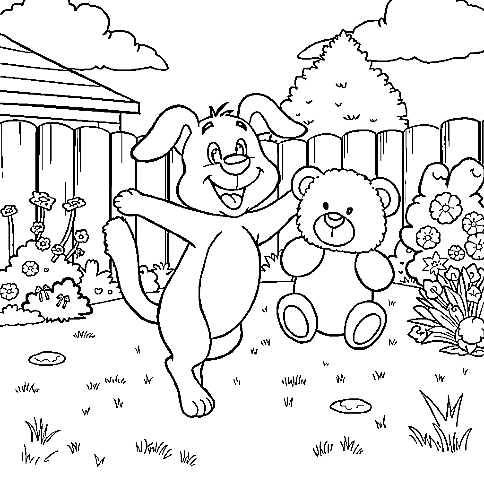 Dog and Teddy Bear Playing in the Garden Coloring Page (free black-and-white line drawing printable PDF for all, from beginners to advanced learners, including children, teens, adults, and seniors)