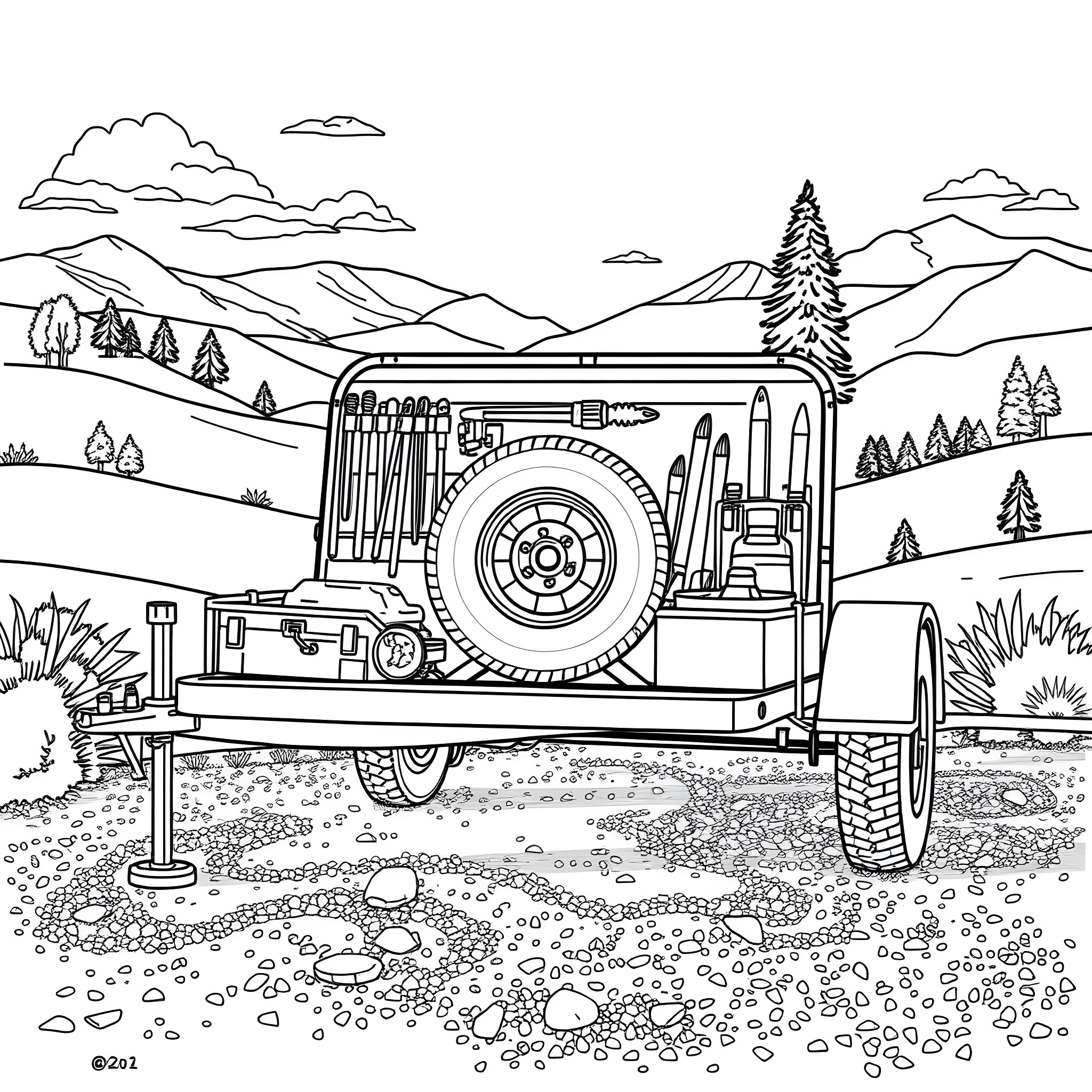 Car Trailer Transporting Heavy Machinery in Mountainous Terrain Coloring Page (free black-and-white line drawing printable PDF for all, from beginners to advanced learners, including children, teens, adults, and seniors)