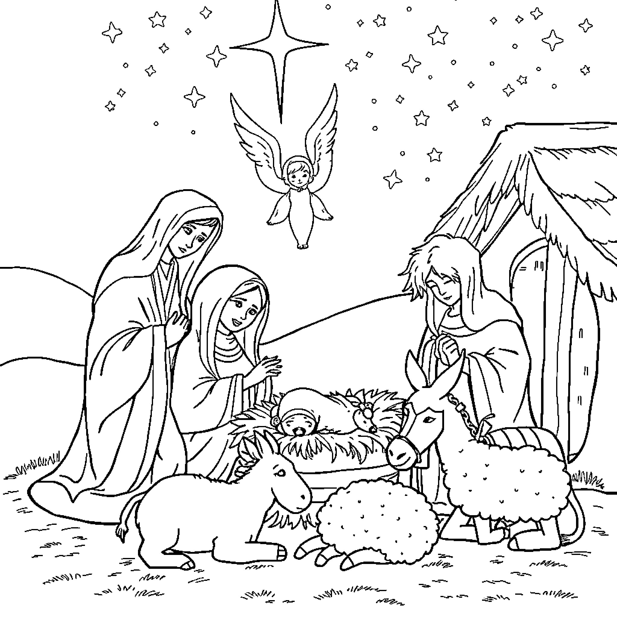 Nativity scene with holy family, animals, and angels Coloring Page (free black-and-white line drawing printable PDF for all, from beginners to advanced learners, including children, teens, adults, and seniors)
