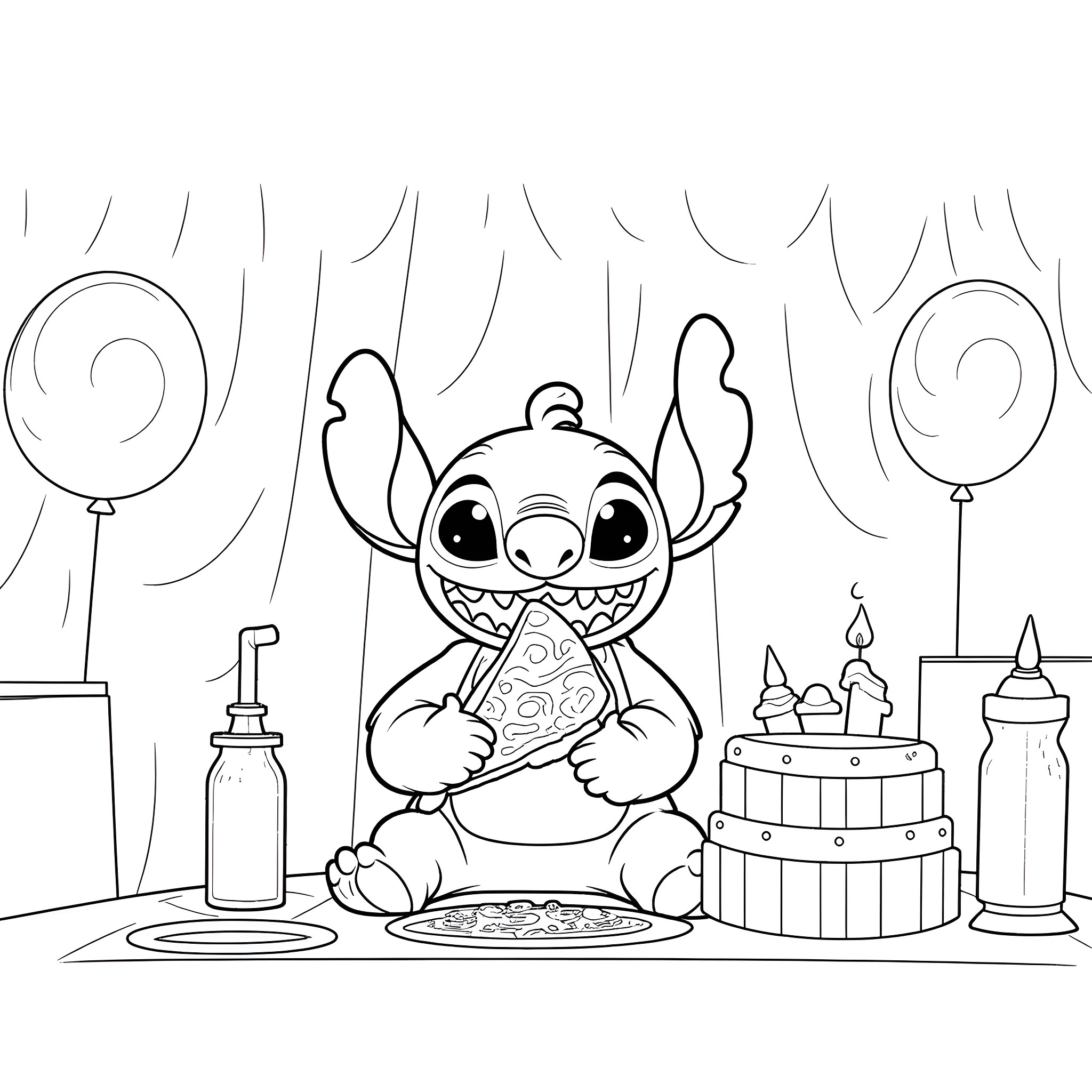 Stitch enjoying a birthday party with cake and balloons Coloring Page (free black-and-white line drawing printable PDF for all, from beginners to advanced learners, including children, teens, adults, and seniors)