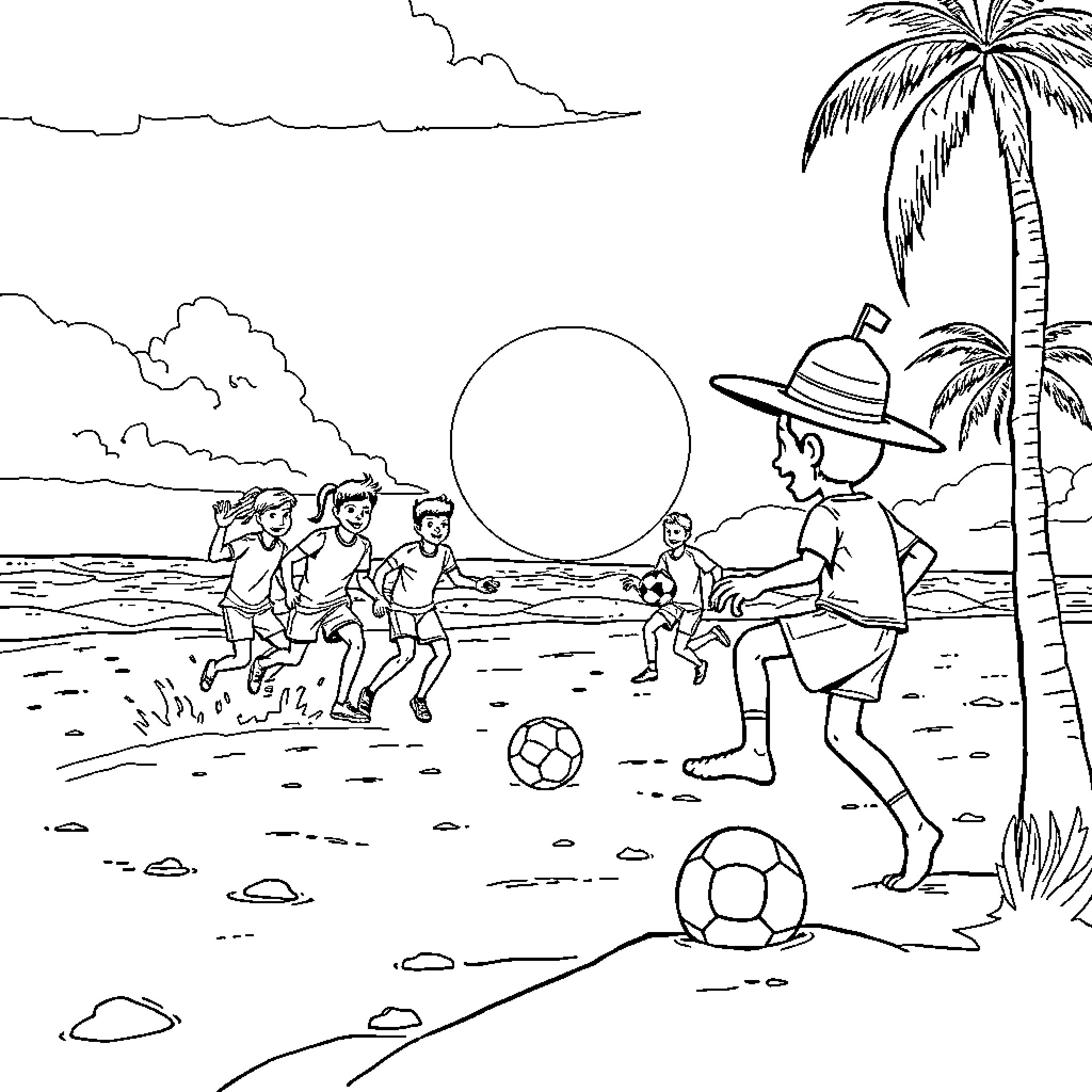 Soccer players enjoying a sunny day at the beach Coloring Page (free black-and-white line drawing printable PDF for all, from beginners to advanced learners, including children, teens, adults, and seniors)