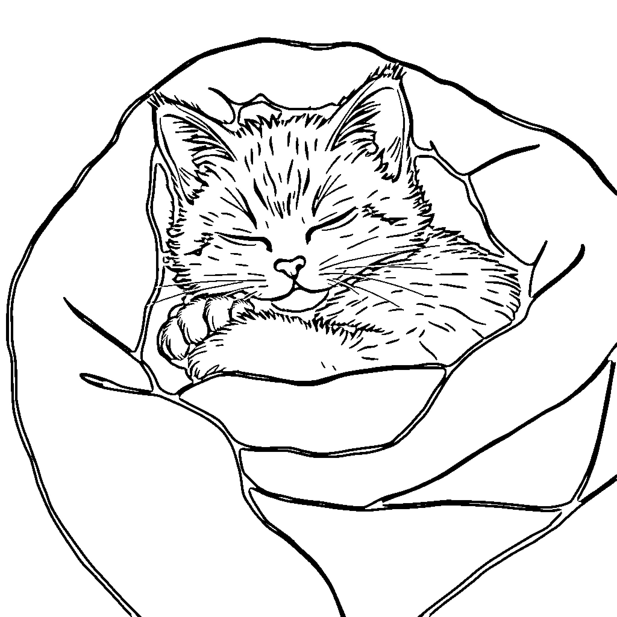 Kitty snuggling comfortably in hands Coloring Page (free black-and-white line drawing printable PDF for all, from beginners to advanced learners, including children, teens, adults, and seniors)