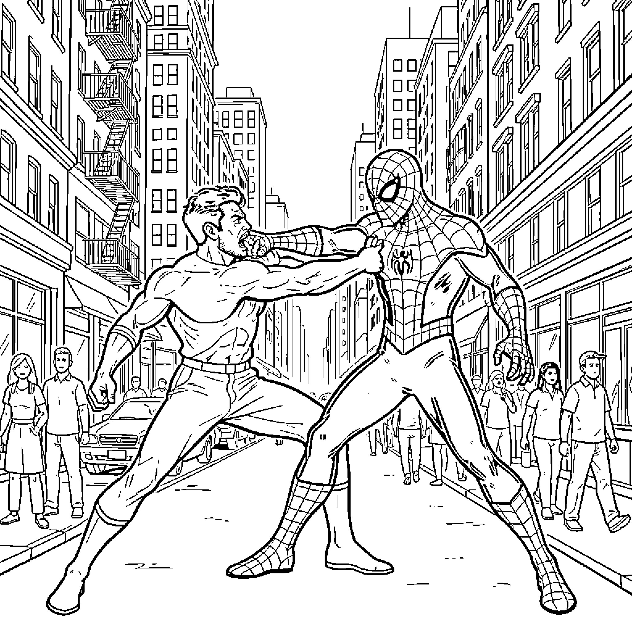 Mahrez fighting a superhero in a busy city street Coloring Page (free black-and-white line drawing printable PDF for all, from beginners to advanced learners, including children, teens, adults, and seniors)