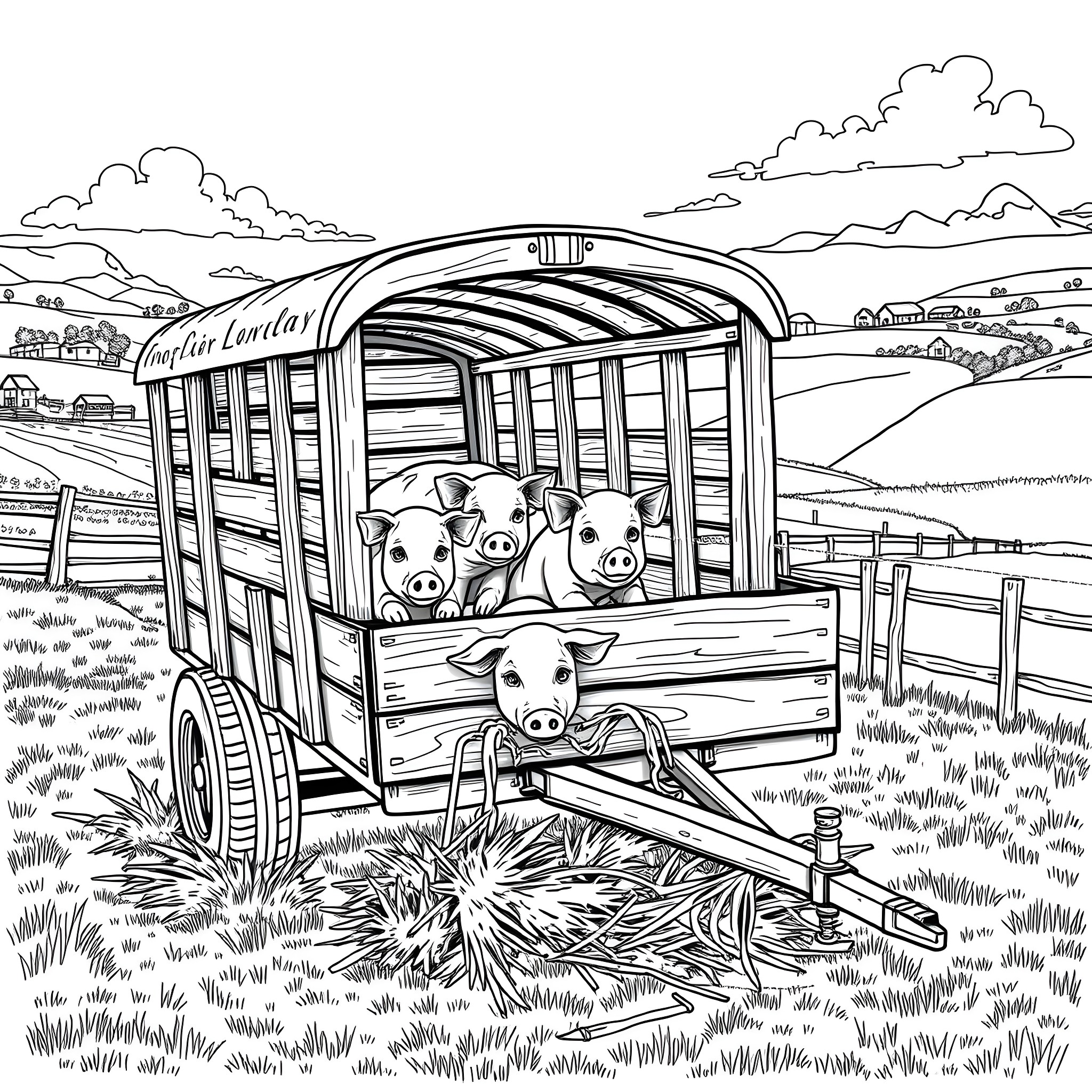 Pig Family on Farm Wagon Coloring Page (free black-and-white line drawing printable PDF for all, from beginners to advanced learners, including children, teens, adults, and seniors)