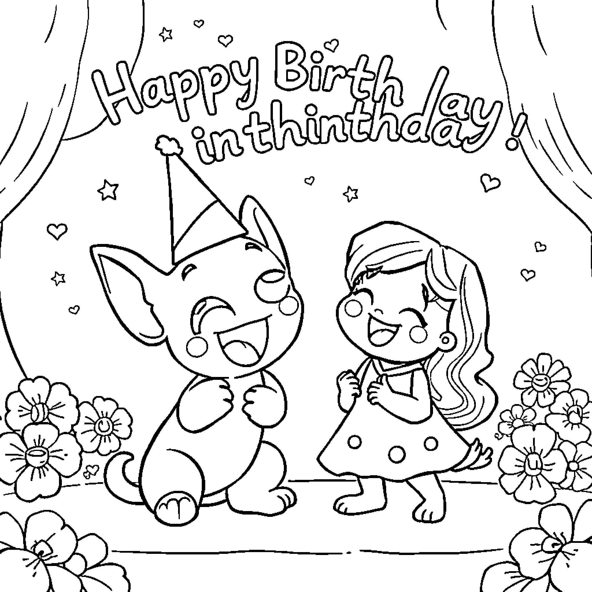 Bluey celebrates a happy birthday with a friend Coloring Page (free black-and-white line drawing printable PDF for all, from beginners to advanced learners, including children, teens, adults, and seniors)