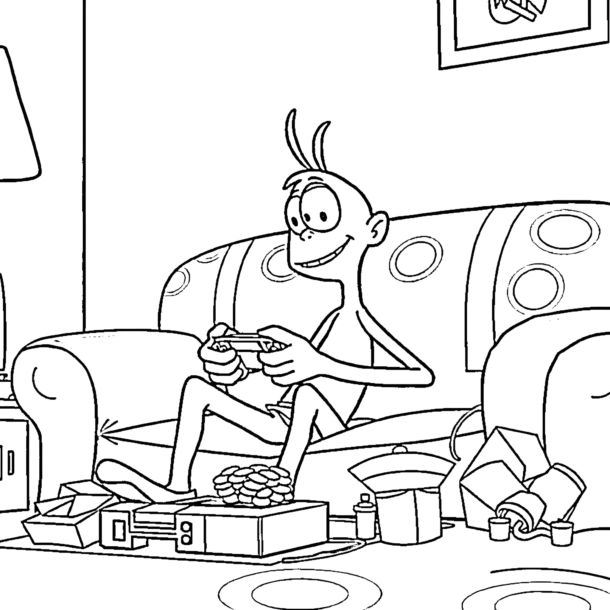Mort playing video games in a messy room Coloring Page (free black-and-white line drawing printable PDF for all, from beginners to advanced learners, including children, teens, adults, and seniors)
