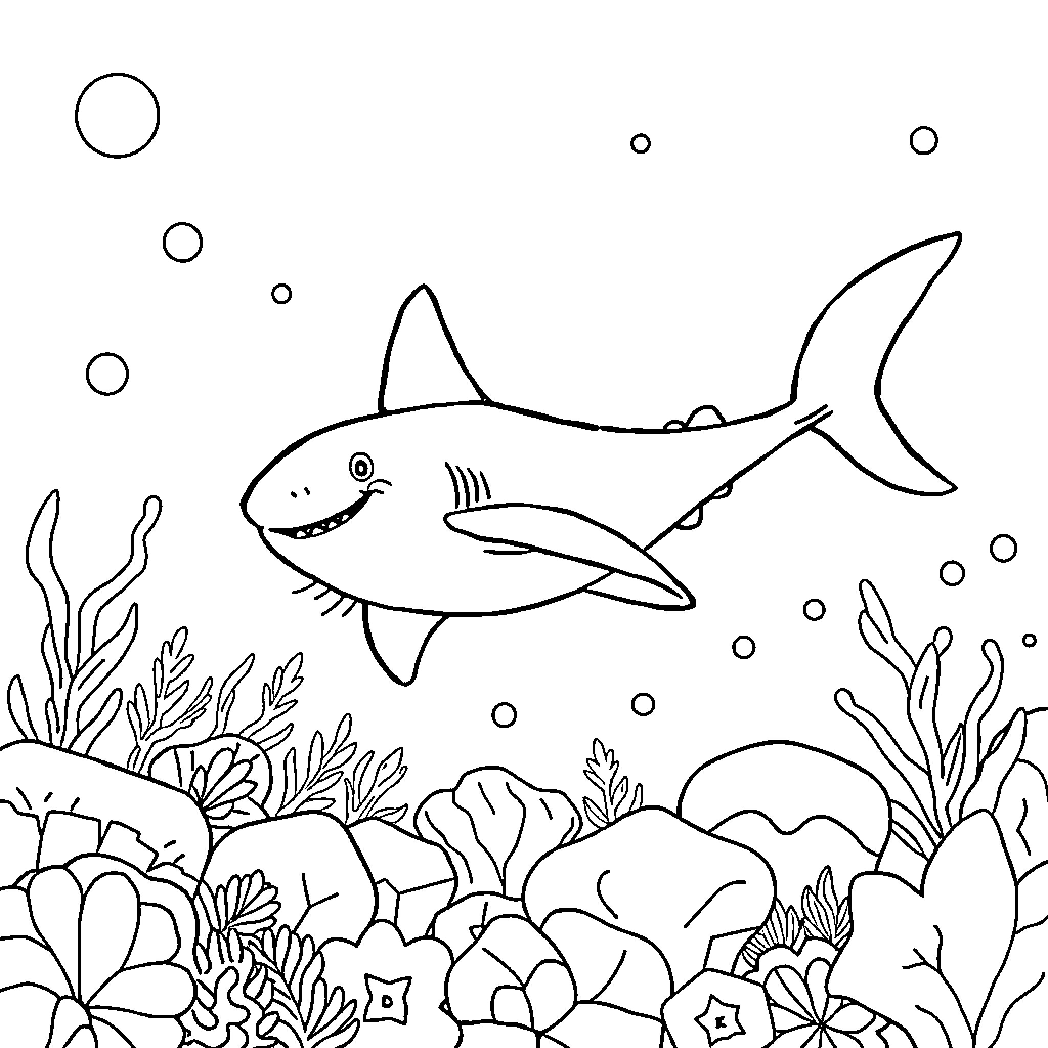 Requin swimming among coral reef Coloring Page (free black-and-white line drawing printable PDF for all, from beginners to advanced learners, including children, teens, adults, and seniors)
