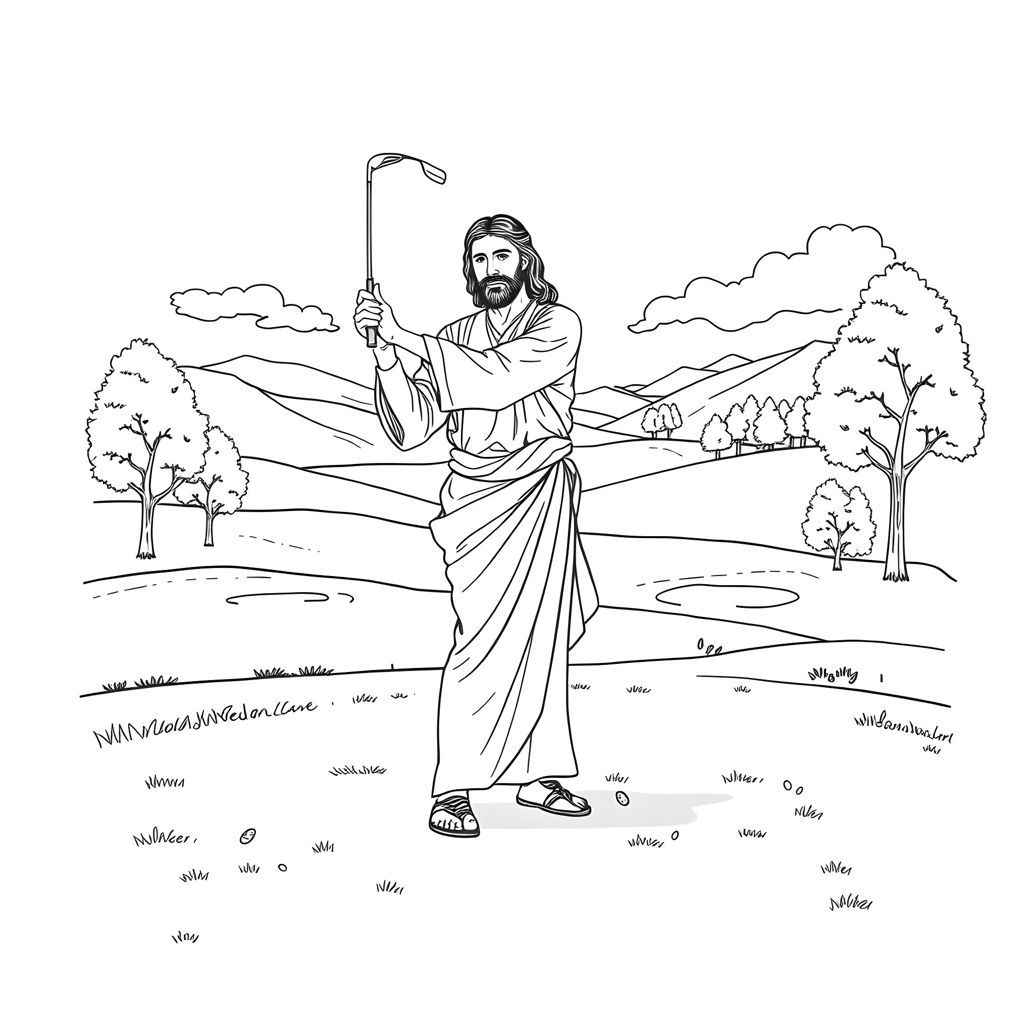 Jesus teaching and preaching in the countryside Coloring Page (free black-and-white line drawing printable PDF for all, from beginners to advanced learners, including children, teens, adults, and seniors)