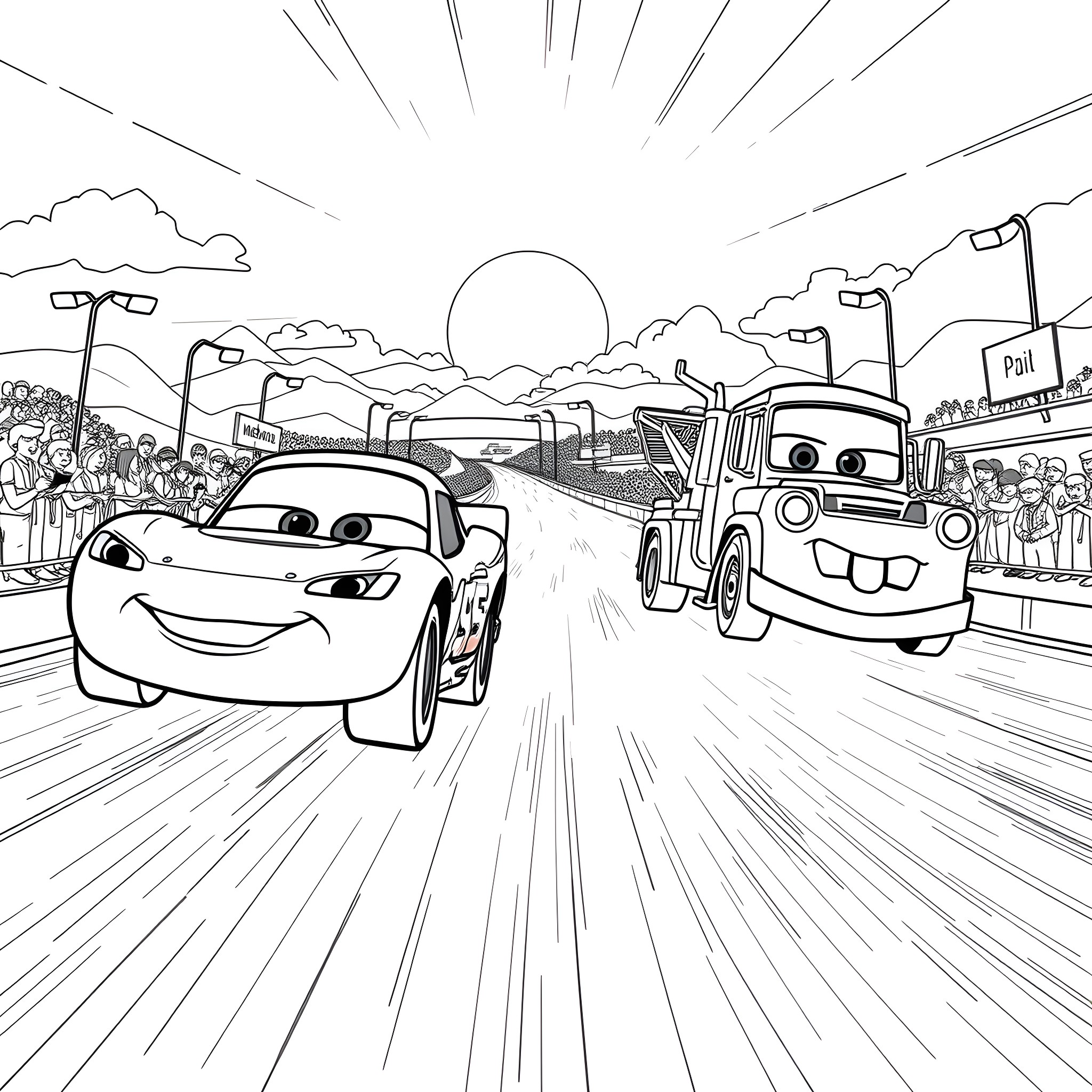 Lightning McQueen and Mater in an exciting race Coloring Page (free black-and-white line drawing printable PDF for all, from beginners to advanced learners, including children, teens, adults, and seniors)