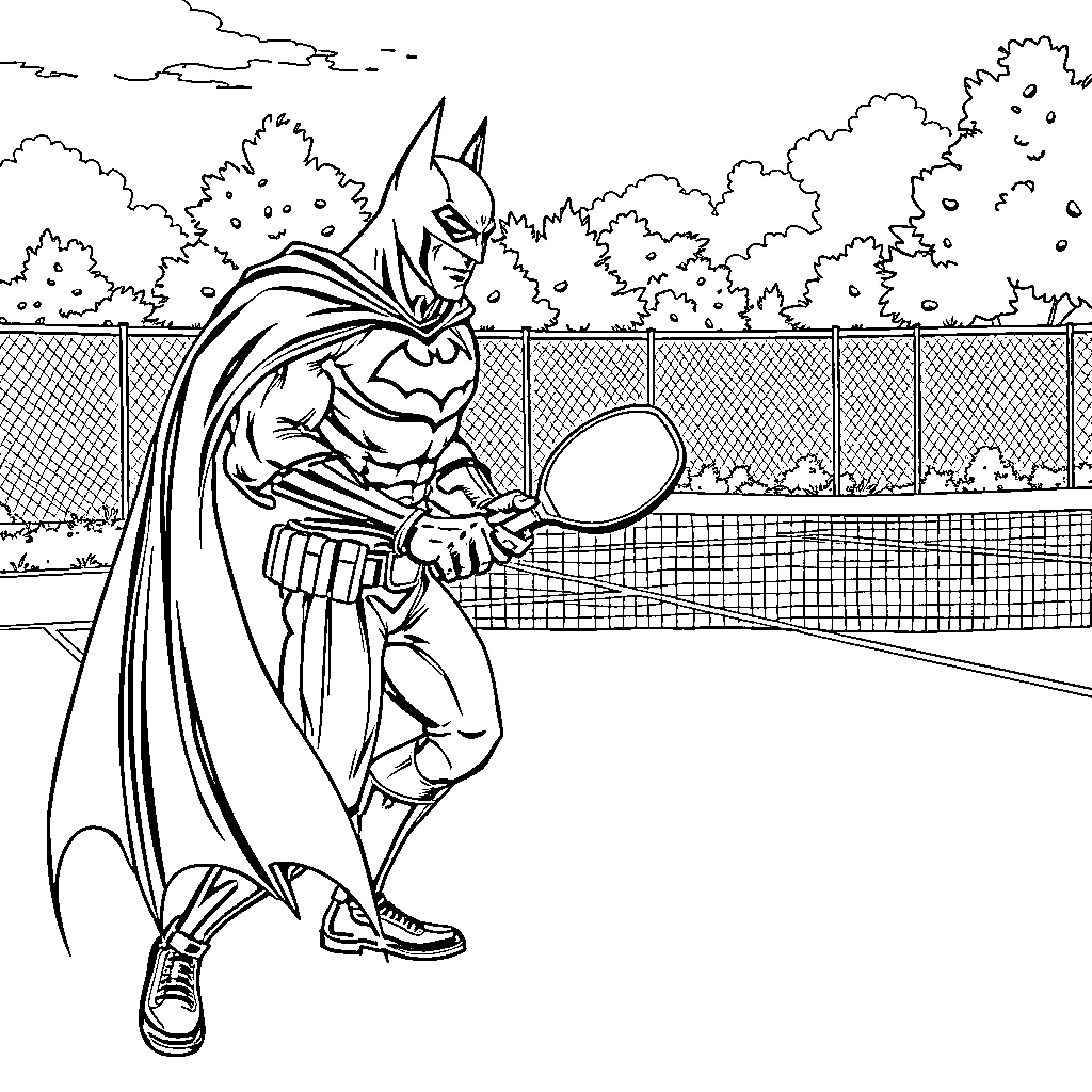 Batman playing tennis in the park Coloring Page (free black-and-white line drawing printable PDF for all, from beginners to advanced learners, including children, teens, adults, and seniors)