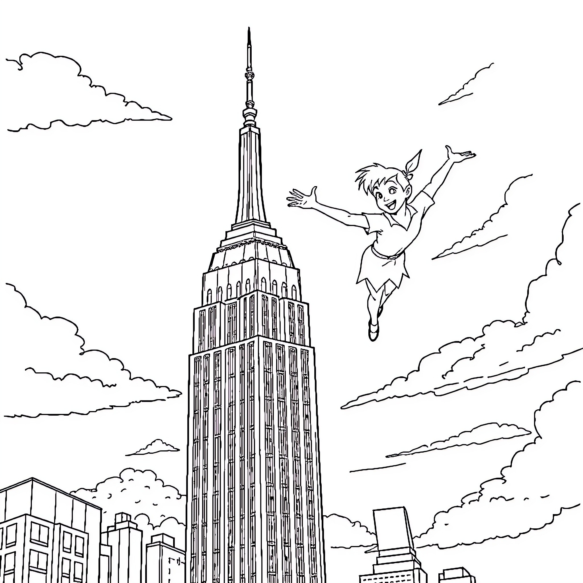 Peter Pan soaring over the Empire State Building Coloring Page (free black-and-white line drawing printable PDF for all, from beginners to advanced learners, including children, teens, adults, and seniors)
