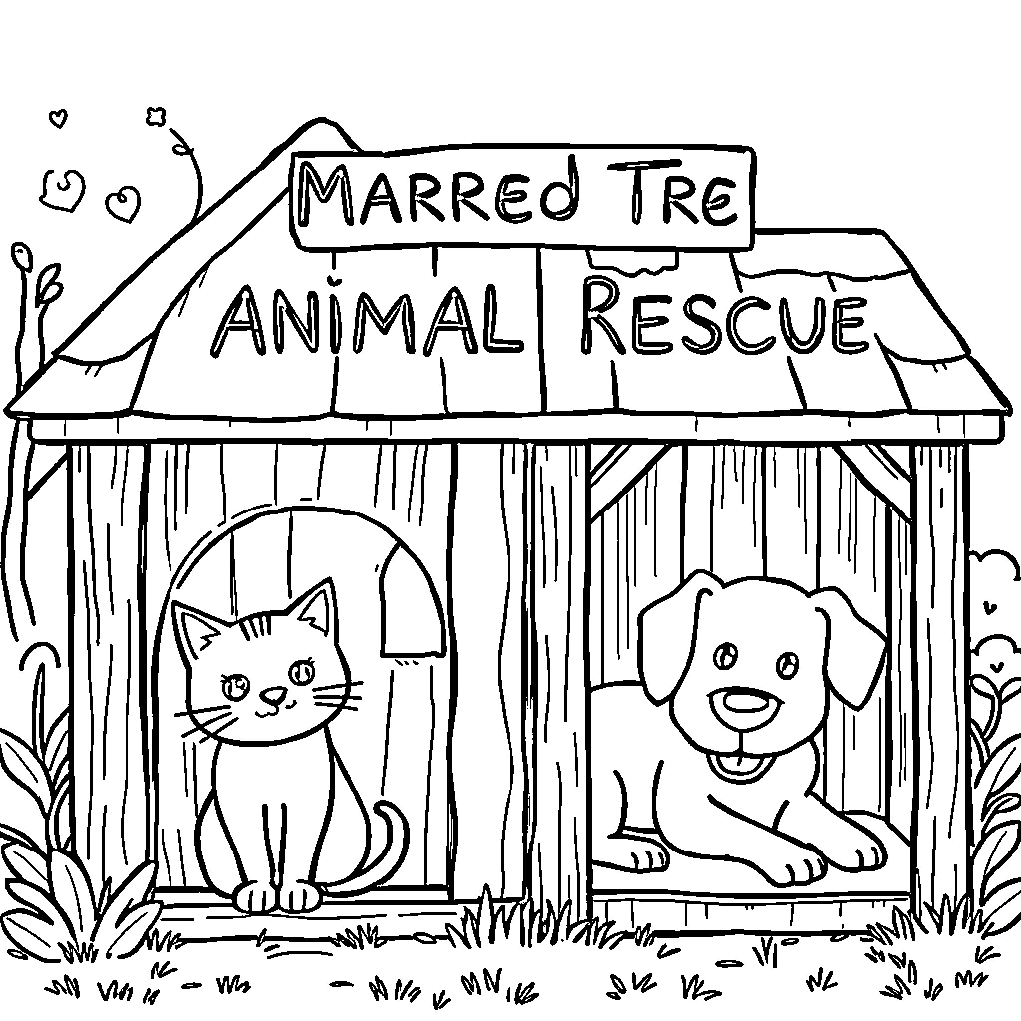 Cat and Dog at the Animal Rescue Shelter Coloring Page (free black-and-white line drawing printable PDF for all, from beginners to advanced learners, including children, teens, adults, and seniors)