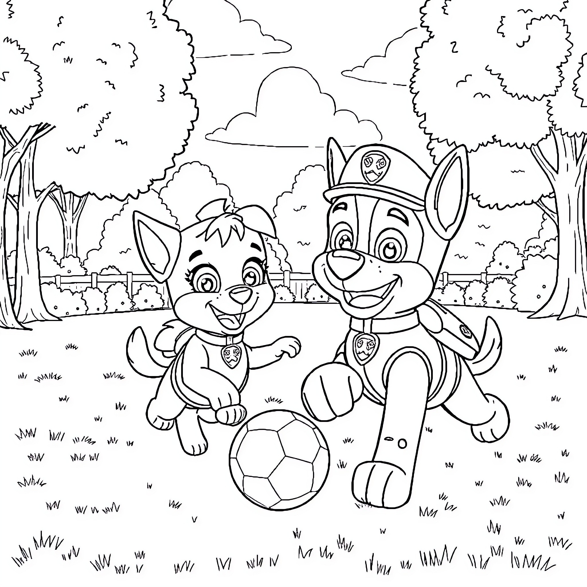Bluey and Paw Patrol Puppy Playing in the Park Coloring Page (free black-and-white line drawing printable PDF for all, from beginners to advanced learners, including children, teens, adults, and seniors)
