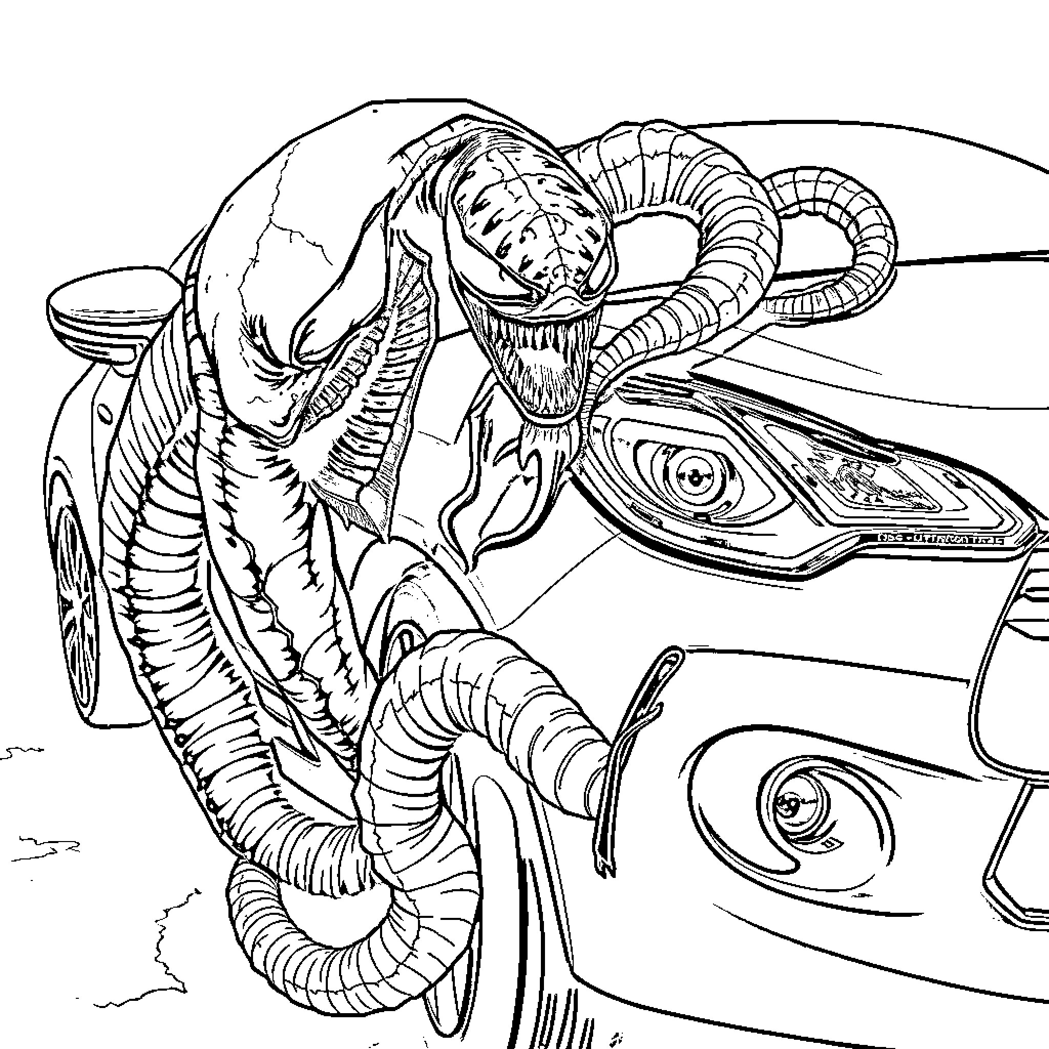Venom Unleashed: Alien Symbiote Attacks Automobile Coloring Page (free black-and-white line drawing printable PDF for all, from beginners to advanced learners, including children, teens, adults, and seniors)