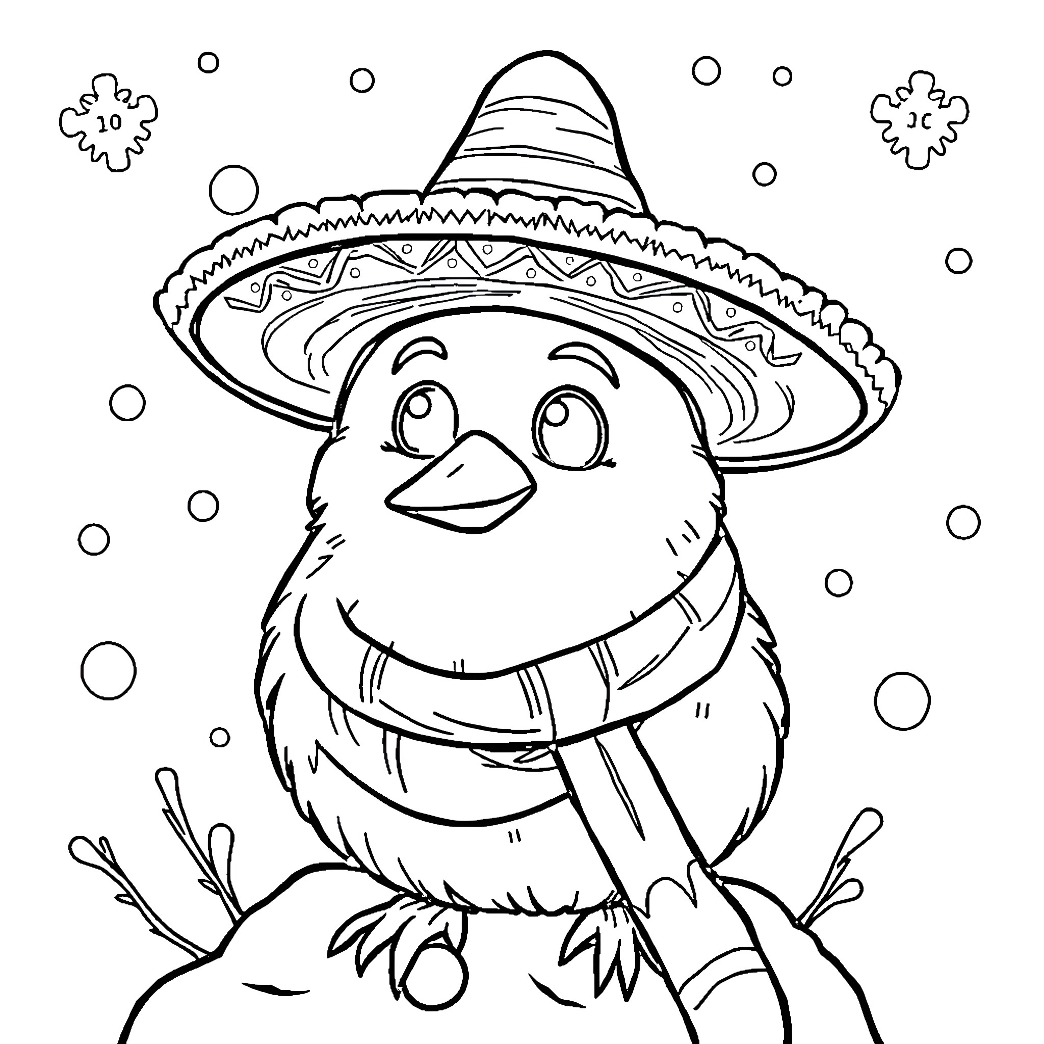 Snowman wearing a sombrero hat in the snow Coloring Page (free black-and-white line drawing printable PDF for all, from beginners to advanced learners, including children, teens, adults, and seniors)